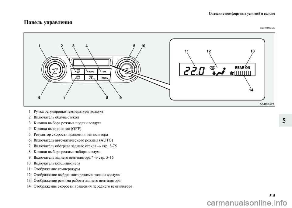 MITSUBISHI PAJERO 2020  Руководство по эксплуатации и техобслуживанию (in Russian) Создание комфортных условий в салоне
5-5
5
Панель управленияE00702502610 
 
1: Ручка регулировки температуры воздуха
2