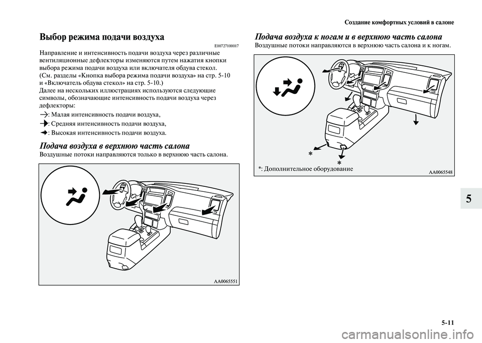 MITSUBISHI PAJERO 2020  Руководство по эксплуатации и техобслуживанию (in Russian) Создание комфортных условий в салоне
5-11
5
Выбор режима подачи воздухаE00727100017Направление и интенсивность пода