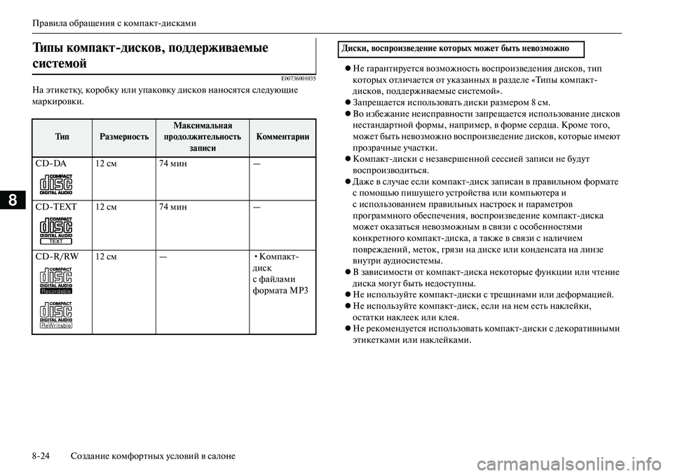 MITSUBISHI OUTLANDER PHEV 2014 Руководство по эксплуатации и техобслуживанию (in Russian) Правила обращЧNния с компактдисками
824 СозданиЧN комфортных Чbсловий в салонЧN
8
E00736001035
На этикЧNткЧb, коробкЧb MITSUBISHI OUTLANDER PHEV 2014 Руководство по эксплуатации и техобслуживанию (in Russian) Правила обращЧNния с компактдисками
824 СозданиЧN комфортных Чbсловий в салонЧN
8
E00736001035
На этикЧNткЧb, коробкЧb