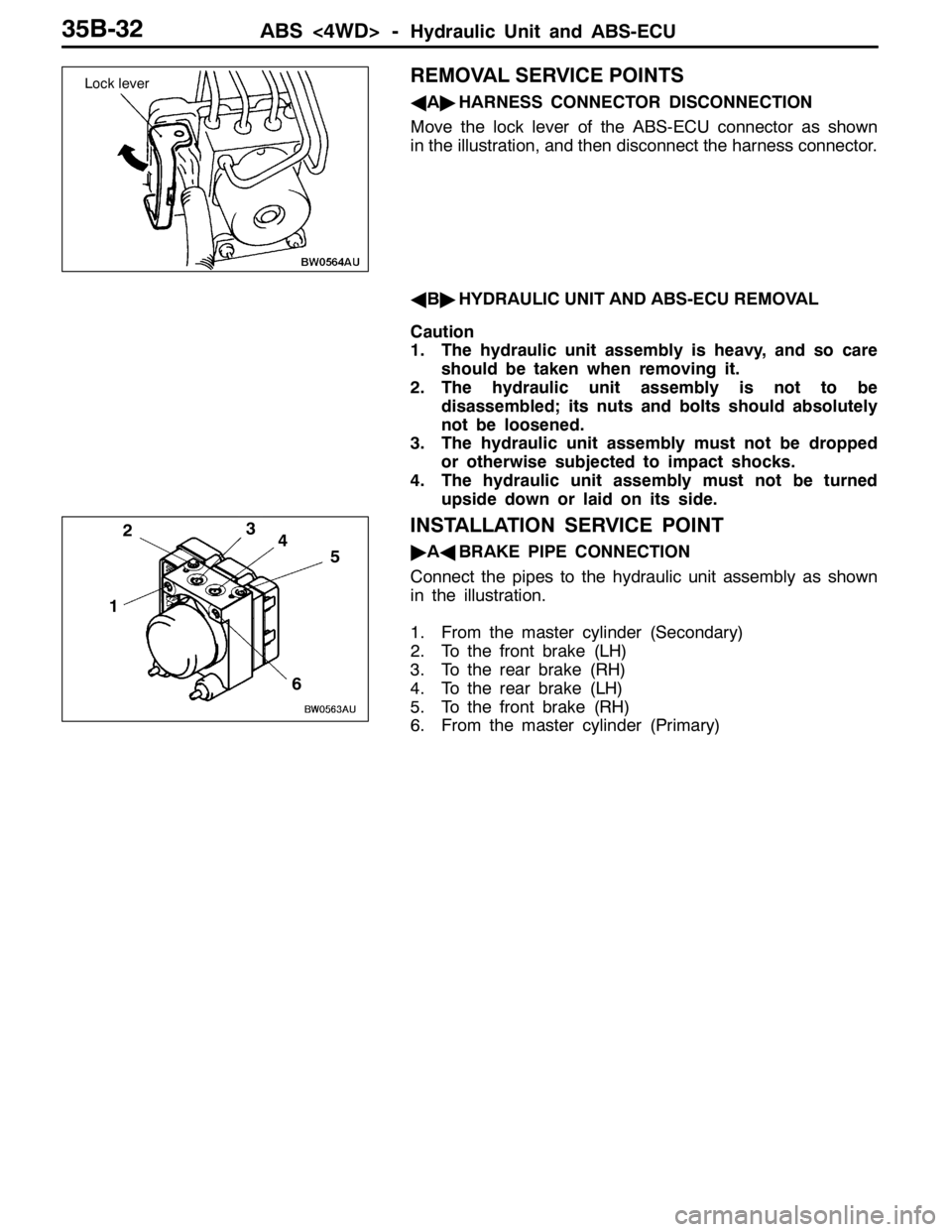 MITSUBISHI LANCER EVOLUTION 2007  Service Repair Manual ABS <4WD> -Hydraulic Unit and ABS-ECU35B-32
REMOVAL SERVICE POINTS
AA"HARNESS CONNECTOR DISCONNECTION
Move the lock lever of the ABS-ECU connector as shown
in the illustration, and then disconnect the