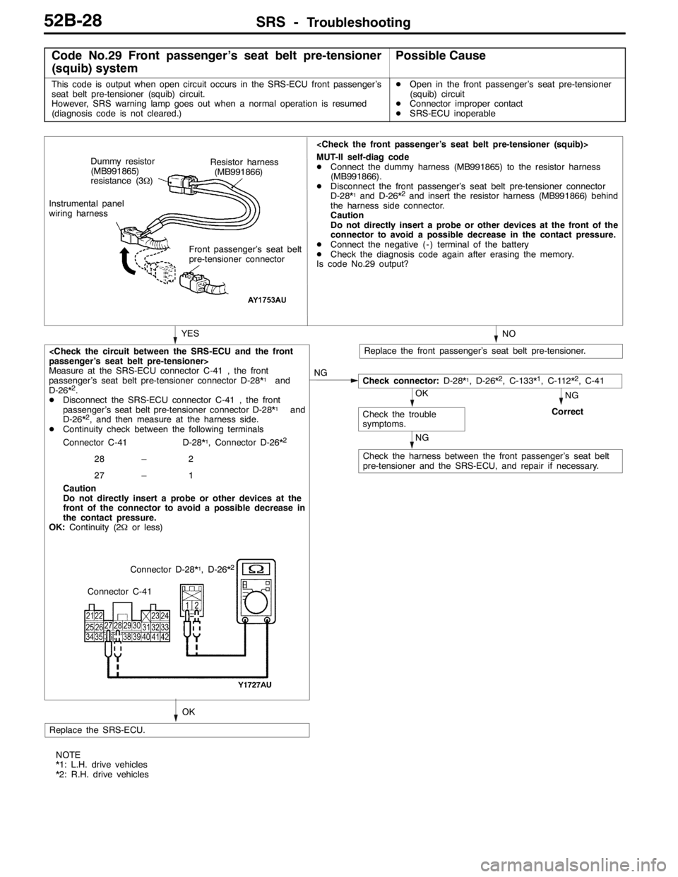 MITSUBISHI LANCER EVOLUTION 2007 Service Repair Manual SRS -Troubleshooting52B-28
Code No.29 Front passenger’s seat belt pre-tensioner
(squib) systemPossible Cause
This code is output when open circuit occurs in the SRS-ECU front passenger’s
seat belt MITSUBISHI LANCER EVOLUTION 2007 Service Repair Manual SRS -Troubleshooting52B-28
Code No.29 Front passenger’s seat belt pre-tensioner
(squib) systemPossible Cause
This code is output when open circuit occurs in the SRS-ECU front passenger’s
seat belt