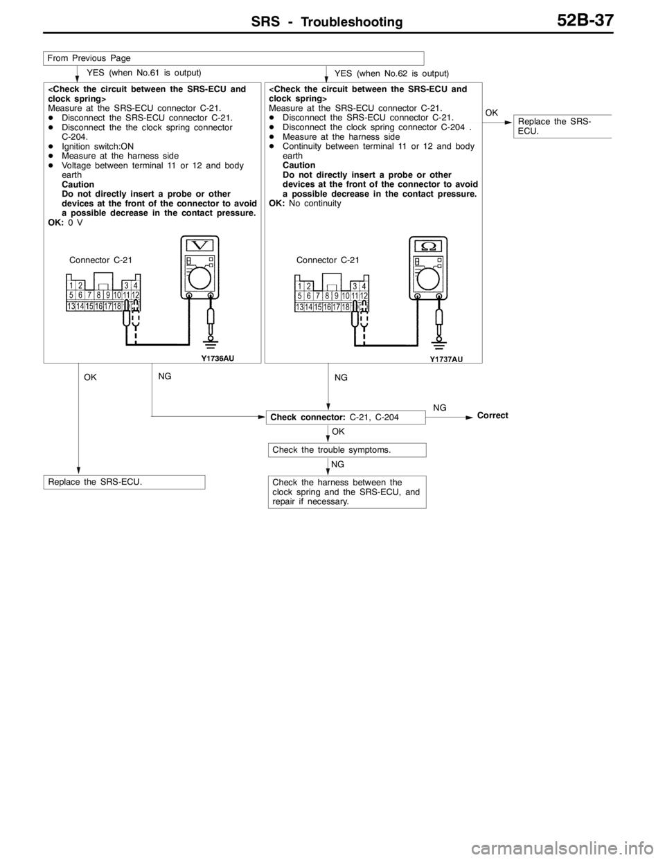 MITSUBISHI LANCER EVOLUTION 2007 Service Repair Manual SRS -Troubleshooting52B-37
Replace the SRS-ECU.
<Check the circuit between the SRS-ECU and
clock spring>
Measure at the SRS-ECU connector C-21.
DDisconnect the SRS-ECU connector C-21.
DDisconnect the MITSUBISHI LANCER EVOLUTION 2007 Service Repair Manual SRS -Troubleshooting52B-37
Replace the SRS-ECU.
<Check the circuit between the SRS-ECU and
clock spring>
Measure at the SRS-ECU connector C-21.
DDisconnect the SRS-ECU connector C-21.
DDisconnect the