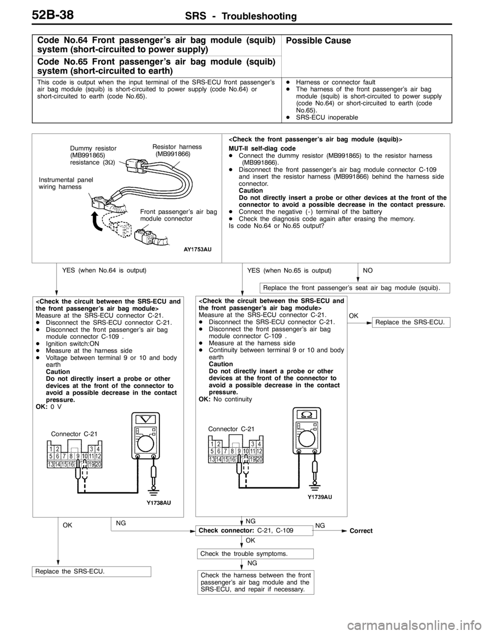 MITSUBISHI LANCER EVOLUTION 2007 Service Repair Manual SRS -Troubleshooting52B-38
Code No.64 Front passenger’s air bag module (squib)
system (short-circuited to power supply)Possible Cause
Code No.65 Front passenger’s air bag module (squib)
system (sh MITSUBISHI LANCER EVOLUTION 2007 Service Repair Manual SRS -Troubleshooting52B-38
Code No.64 Front passenger’s air bag module (squib)
system (short-circuited to power supply)Possible Cause
Code No.65 Front passenger’s air bag module (squib)
system (sh