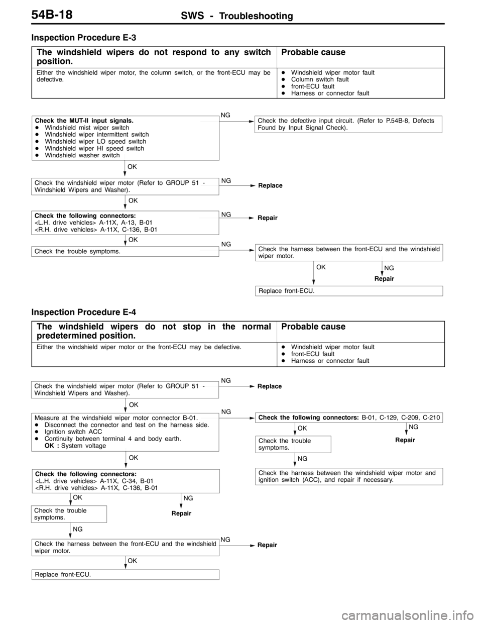 MITSUBISHI LANCER EVOLUTION 2007 Service Repair Manual SWS -Troubleshooting54B-18
Inspection Procedure E-3
The windshield wipers do not respond to any switch
position.
Probable cause
Either the windshield wiper motor, the column switch, or the front-ECU m MITSUBISHI LANCER EVOLUTION 2007 Service Repair Manual SWS -Troubleshooting54B-18
Inspection Procedure E-3
The windshield wipers do not respond to any switch
position.
Probable cause
Either the windshield wiper motor, the column switch, or the front-ECU m
