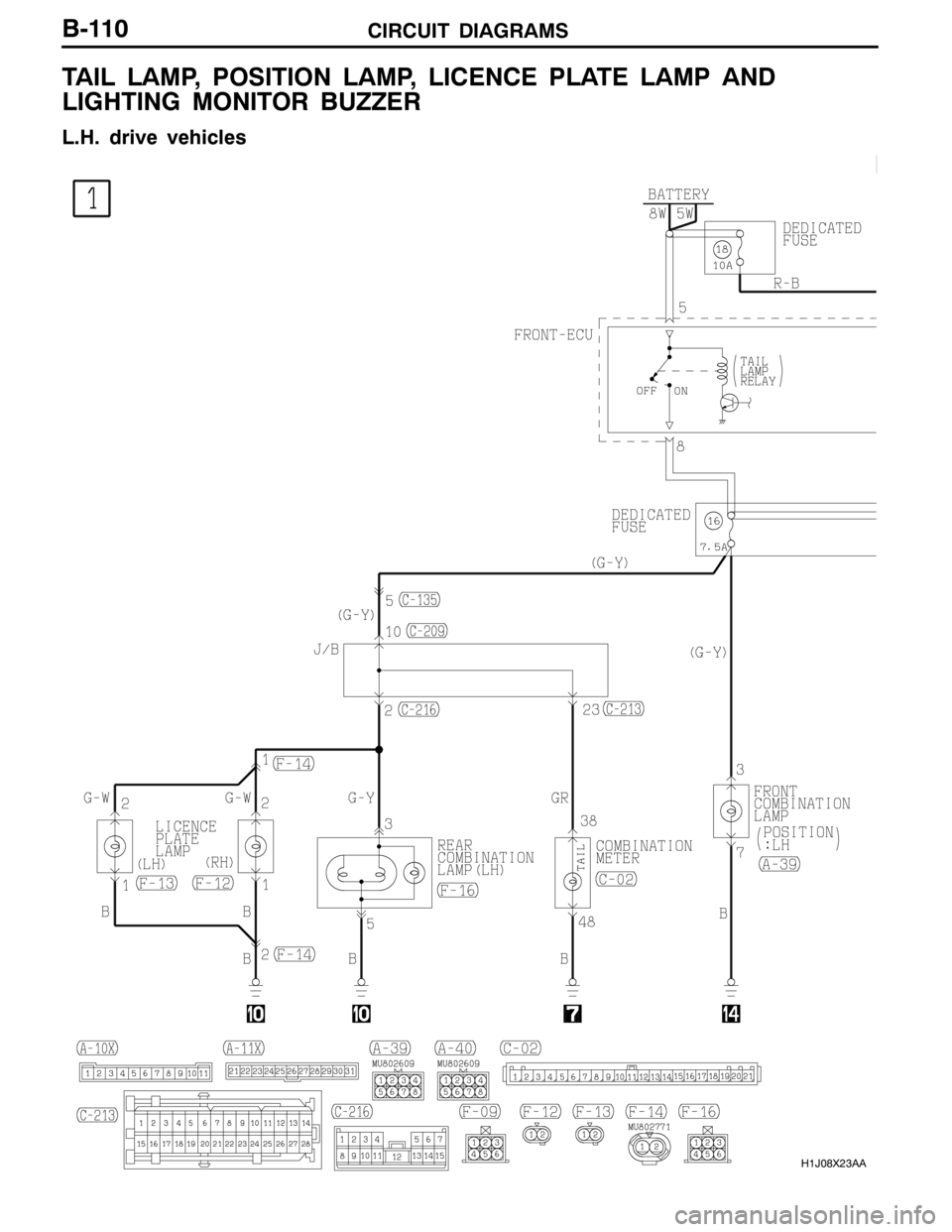 MITSUBISHI LANCER EVOLUTION 2007  Service Repair Manual CIRCUIT DIAGRAMS
H1J08X23AA
B-110
TAIL LAMP, POSITION LAMP, LICENCE PLATE LAMP AND
LIGHTING MONITOR BUZZER
L.H. drive vehicles 
