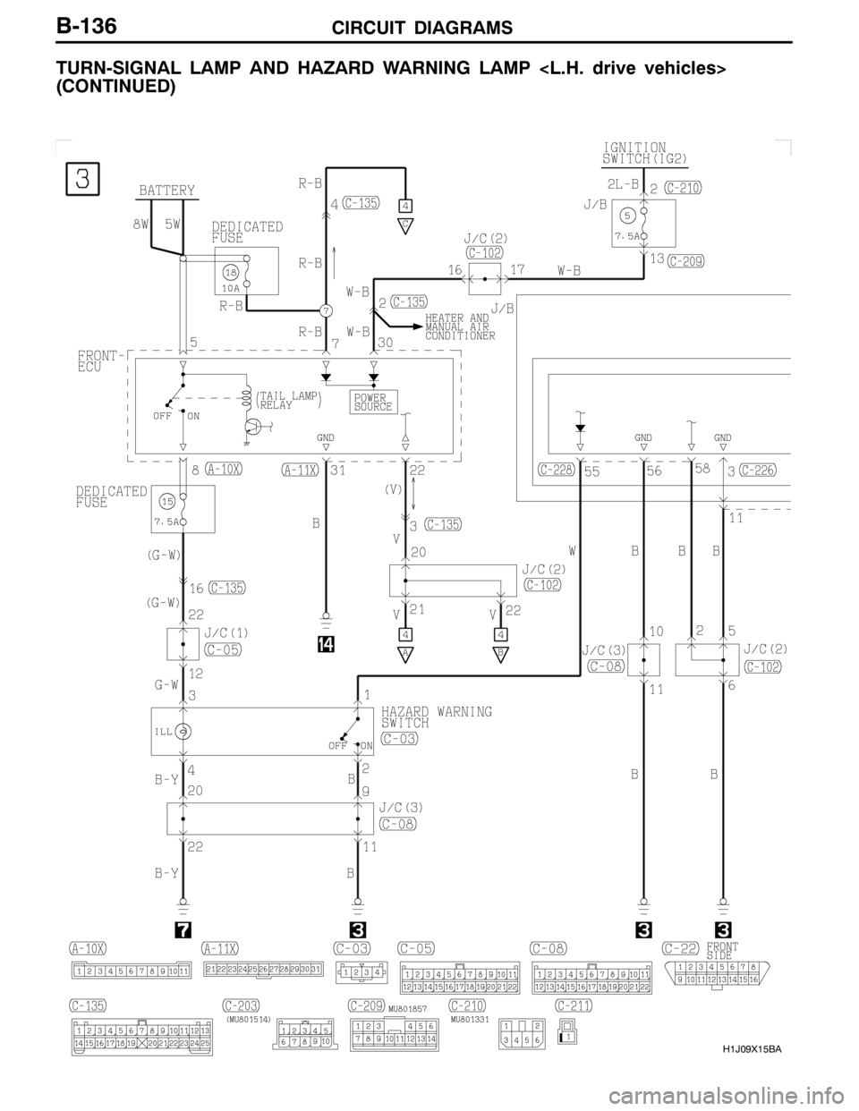 MITSUBISHI LANCER EVOLUTION 2007  Service Repair Manual CIRCUIT DIAGRAMS
H1J09X15BA
B-136
TURN-SIGNAL LAMP AND HAZARD WARNING LAMP <L.H. drive vehicles>
(CONTINUED) 