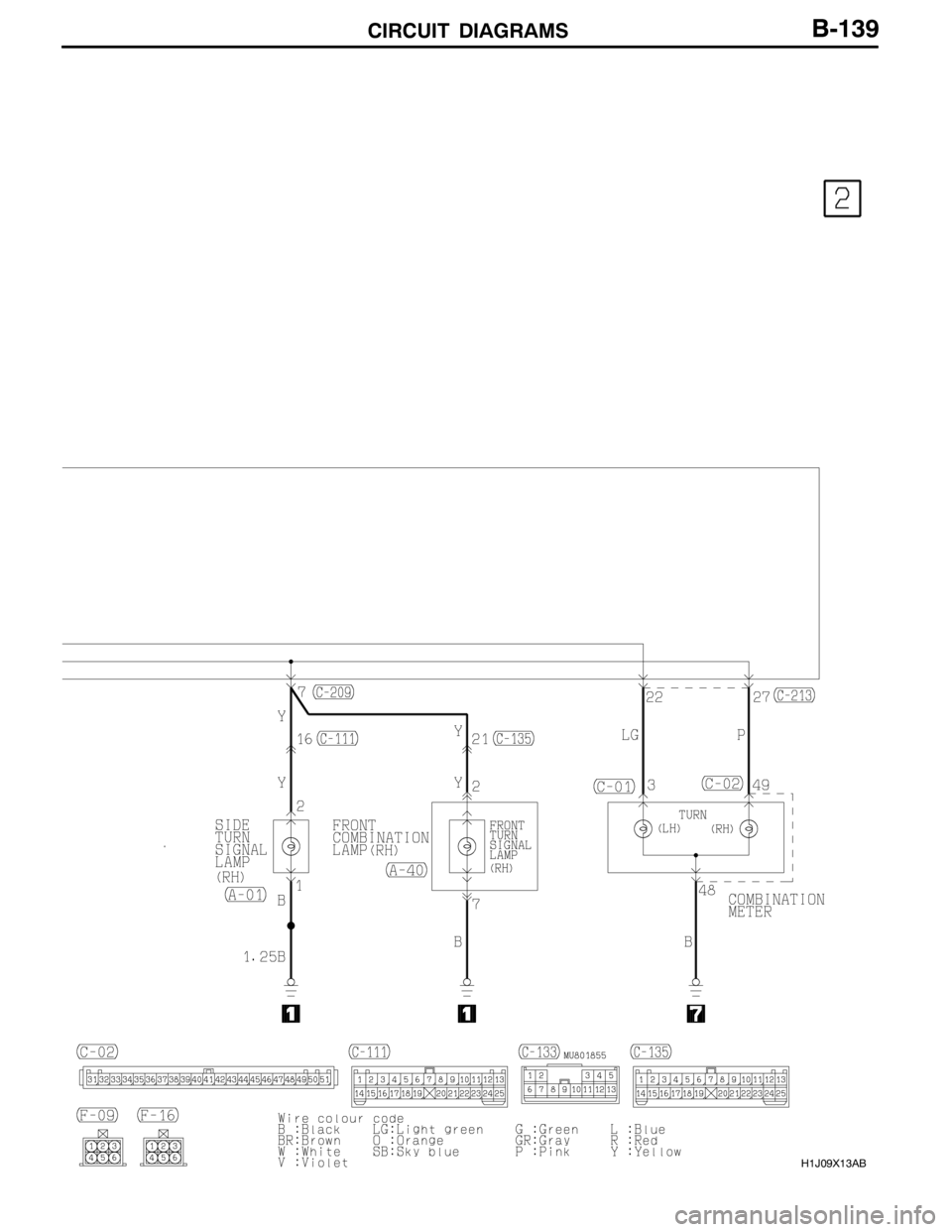 MITSUBISHI LANCER EVOLUTION 2007  Service Repair Manual CIRCUIT DIAGRAMS
H1J09X13AB
B-139 