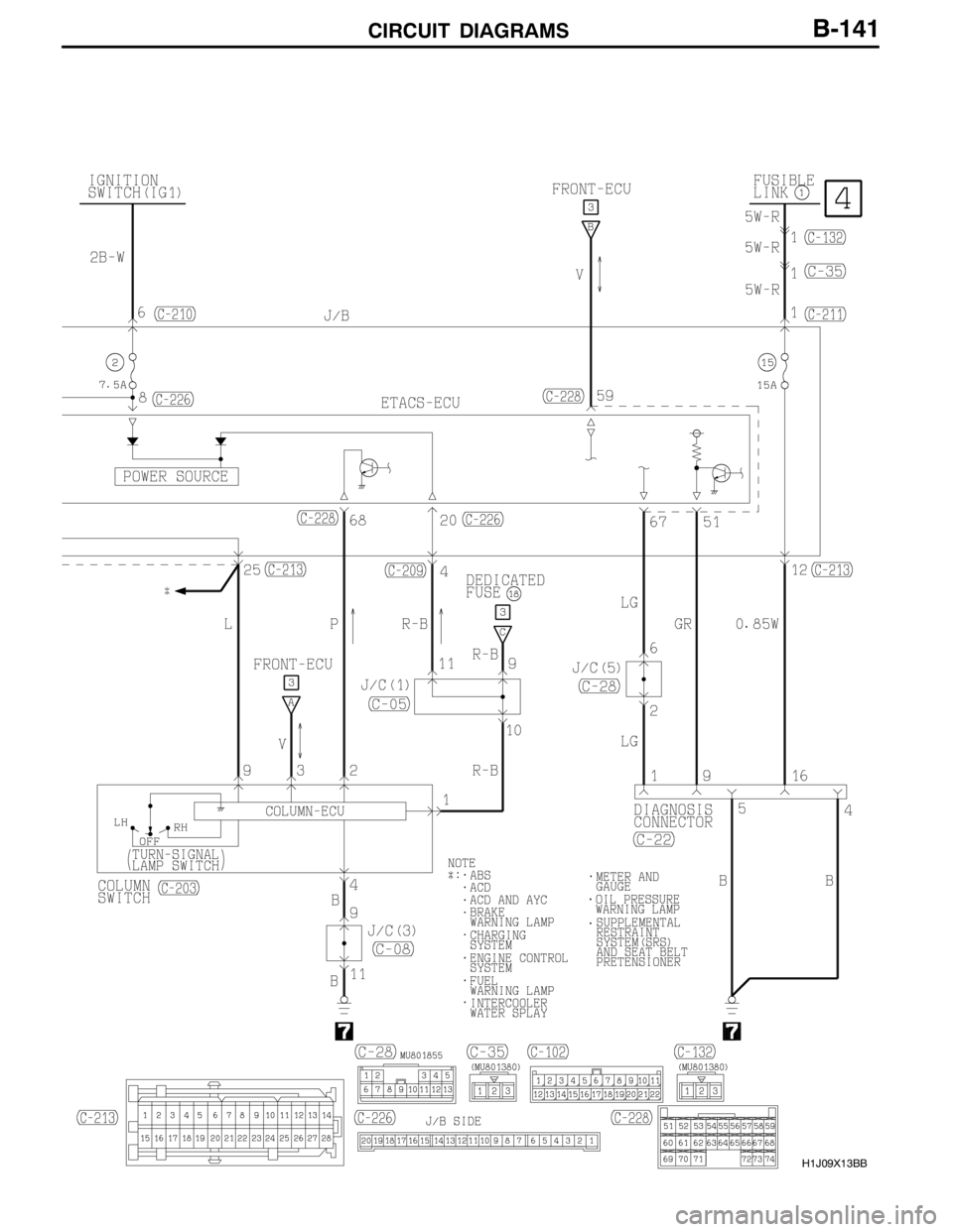 MITSUBISHI LANCER EVOLUTION 2007  Service Repair Manual CIRCUIT DIAGRAMS
H1J09X13BB
B-141 