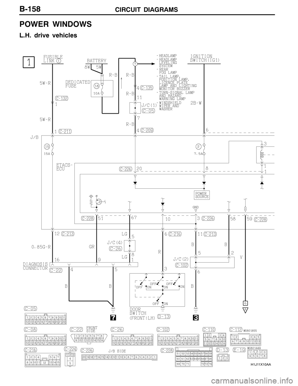 MITSUBISHI LANCER EVOLUTION 2007  Service Repair Manual CIRCUIT DIAGRAMS
H1J11X10AA
B-158
POWER WINDOWS
L.H. drive vehicles 