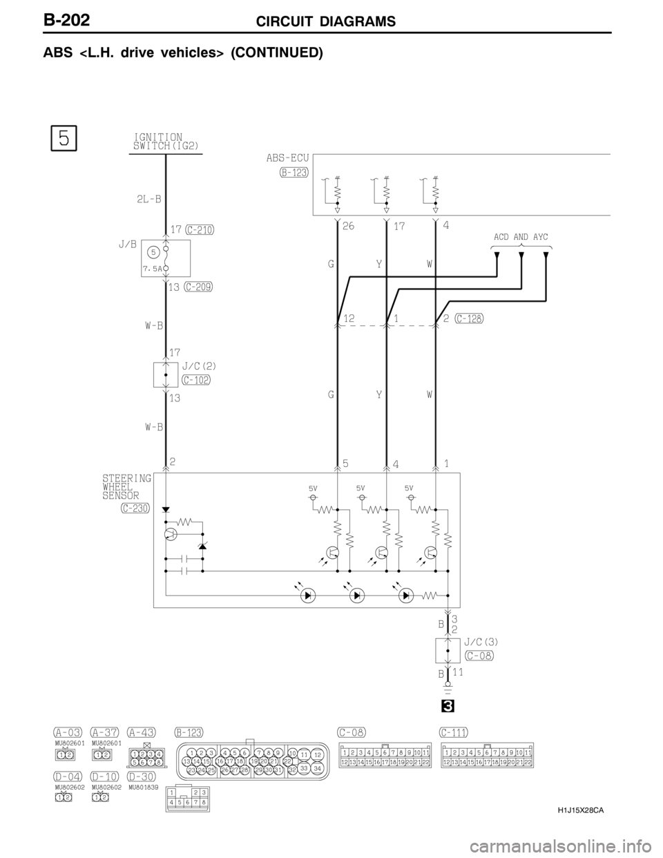 MITSUBISHI LANCER EVOLUTION 2007  Service Repair Manual CIRCUIT DIAGRAMS
H1J15X28CA
B-202
ABS <L.H. drive vehicles> (CONTINUED) 