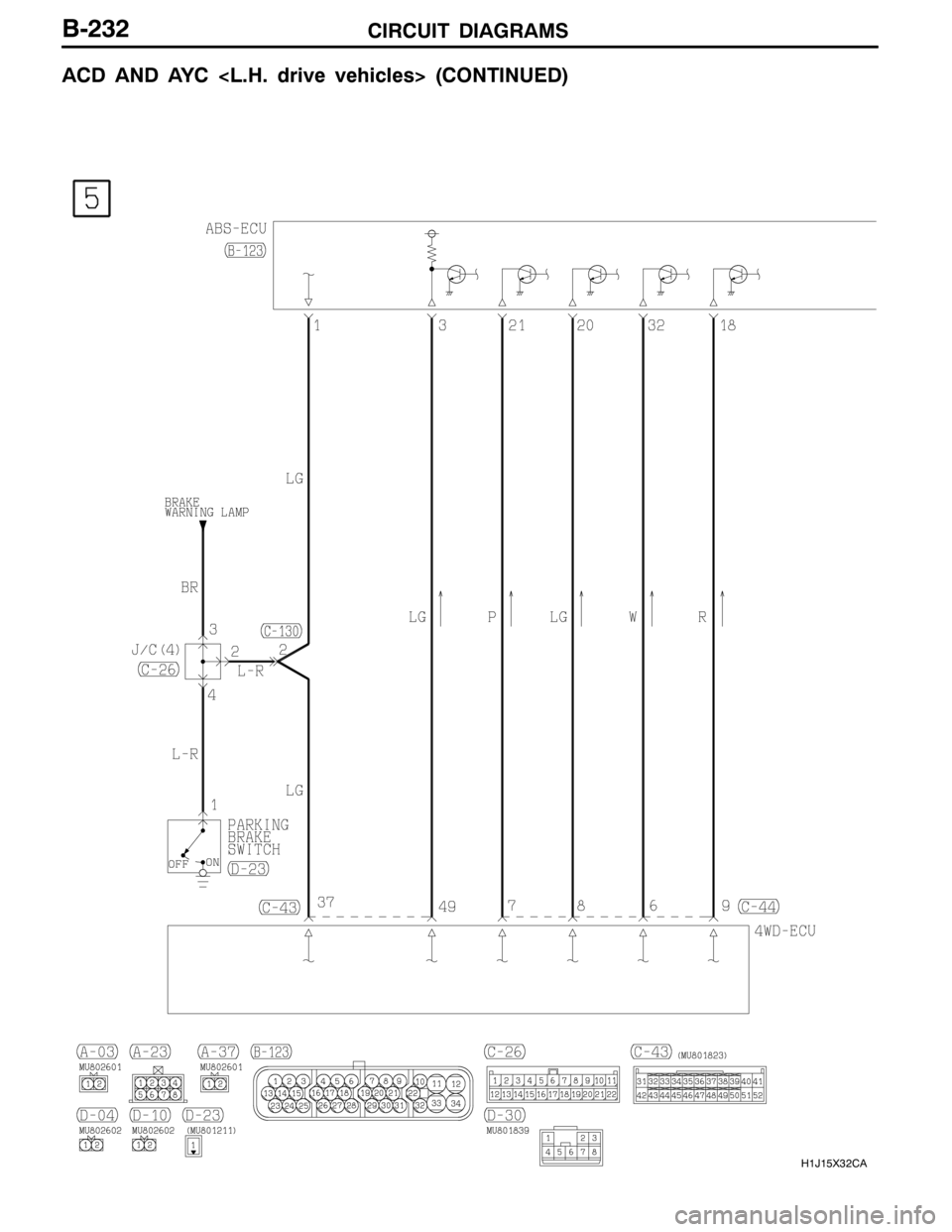 MITSUBISHI LANCER EVOLUTION 2007  Service Repair Manual CIRCUIT DIAGRAMS
H1J15X32CA
B-232
ACD AND AYC <L.H. drive vehicles> (CONTINUED) 