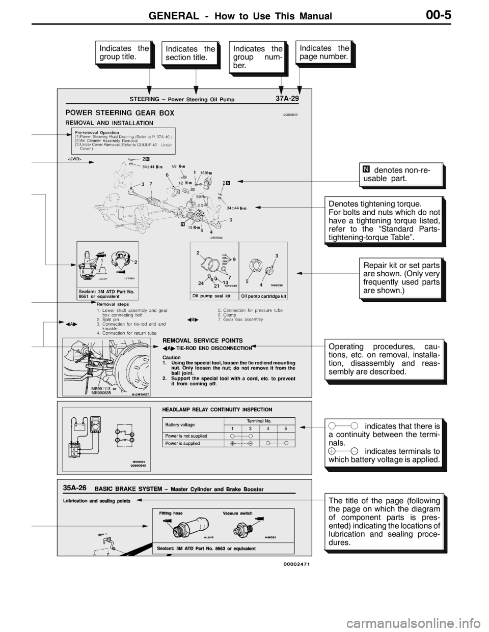 MITSUBISHI LANCER EVOLUTION 2007  Service Repair Manual GENERAL -How to Use This Manual00-5
Denotes tightening torque.
For bolts and nuts which do not
have a tightening torque listed,
refer to the “Standard Parts-
tightening-torque Table”.
indicates th