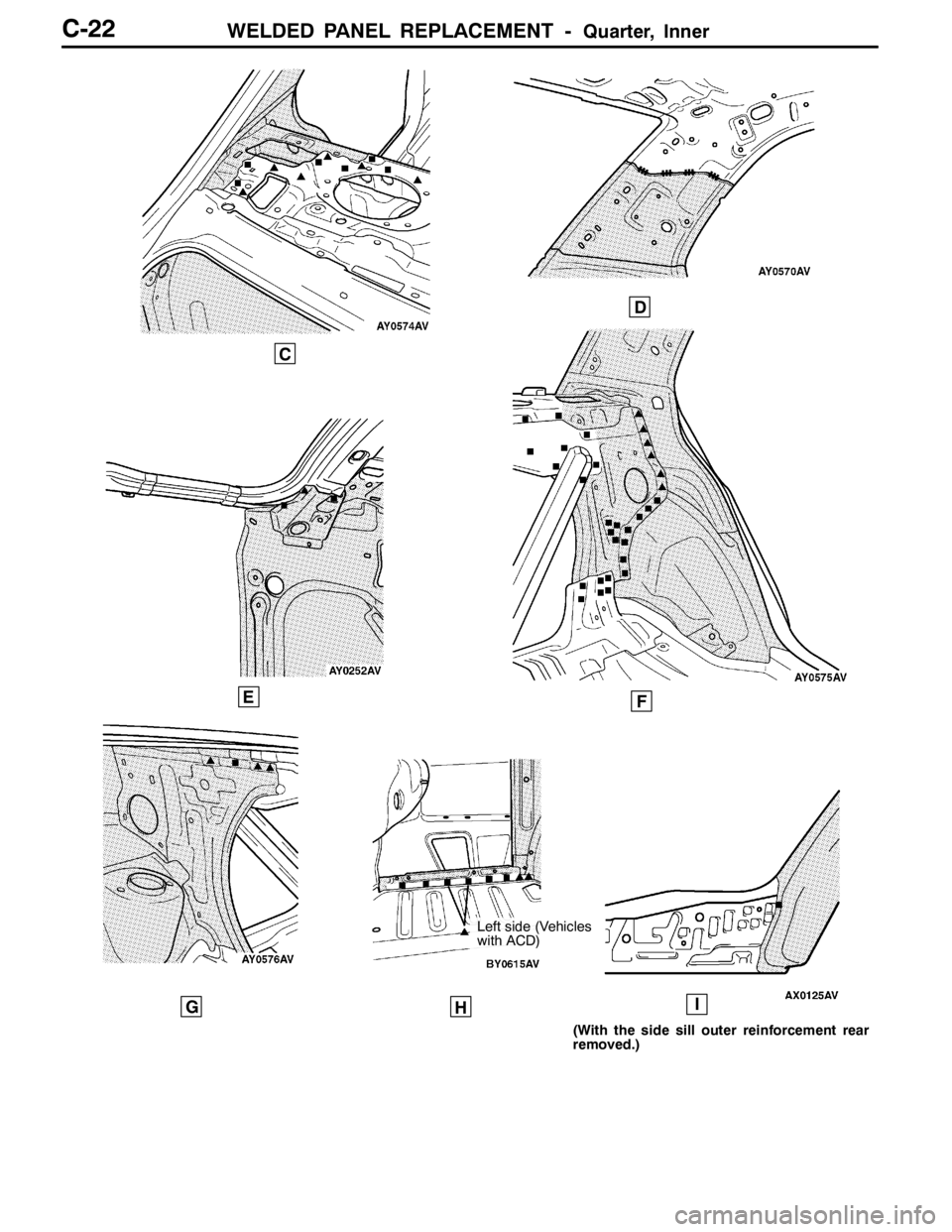 MITSUBISHI LANCER EVOLUTION 2007  Service Repair Manual WELDED PANEL REPLACEMENT -Quarter, InnerC-22
C
E
D
F
GHI
Left side (Vehicles
with ACD)
(With the side sill outer reinforcement rear
removed.) 