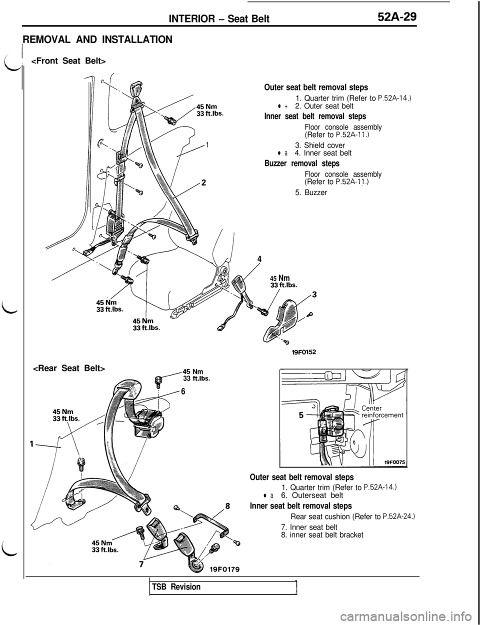 MITSUBISHI 3000GT 1991  Service Manual INTERIOR - Seat Belt52A-29
REMOVAL AND INSTALLATION<Front Seat Belt>
---nOuter seat belt removal steps
7 -$g%,* ‘9‘A. .‘j,,,
,y4
PII \,:0,+i.1$_ a1
y’
r‘J w
\7
\,%/
%
D
$!& ,2
4,.$#.,<Rear S