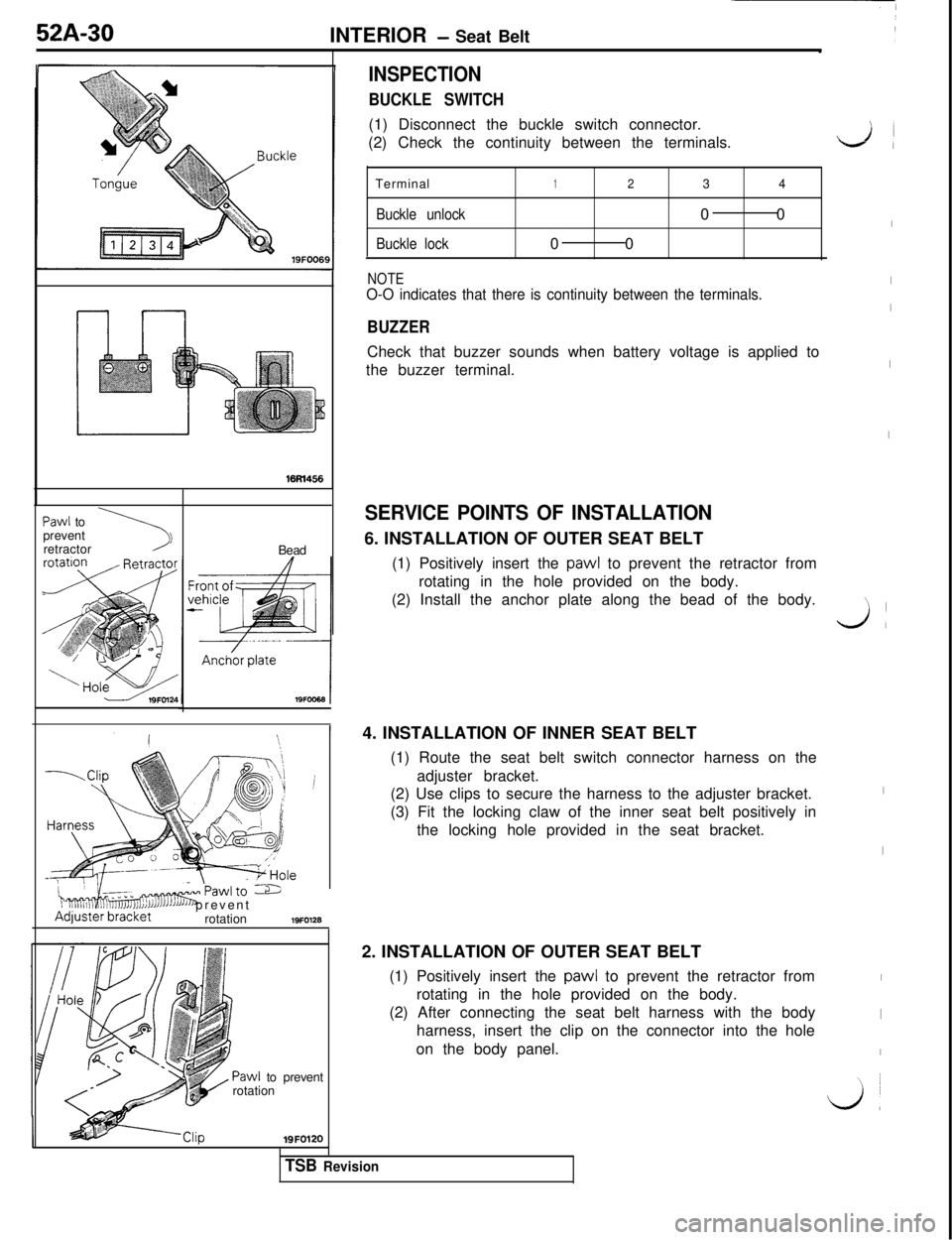 MITSUBISHI 3000GT 1991 Service Manual 52A-30
INTERIOR - Seat Belt
16M456
NOTEO-O indicates that there is continuity between the terminals.
BUZZERCheck that buzzer sounds when battery voltage is applied to
the buzzer terminal.
Paw1 to
prev MITSUBISHI 3000GT 1991 Service Manual 52A-30
INTERIOR - Seat Belt
16M456
NOTEO-O indicates that there is continuity between the terminals.
BUZZERCheck that buzzer sounds when battery voltage is applied to
the buzzer terminal.
Paw1 to
prev