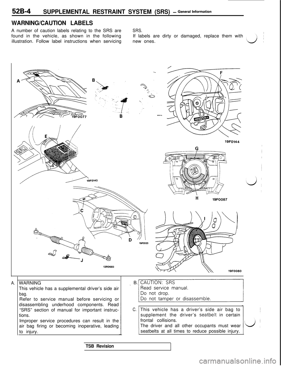 MITSUBISHI 3000GT 1991  Service Manual 52B-4SUPPLEMENTAL RESTRAINT SYSTEM (SRS) - General lnform=*ion
WARNING/CAUTION LABELSA number of caution labels relating to the SRS are
SRS.found in the vehicle, as shown in the followingIf labels are