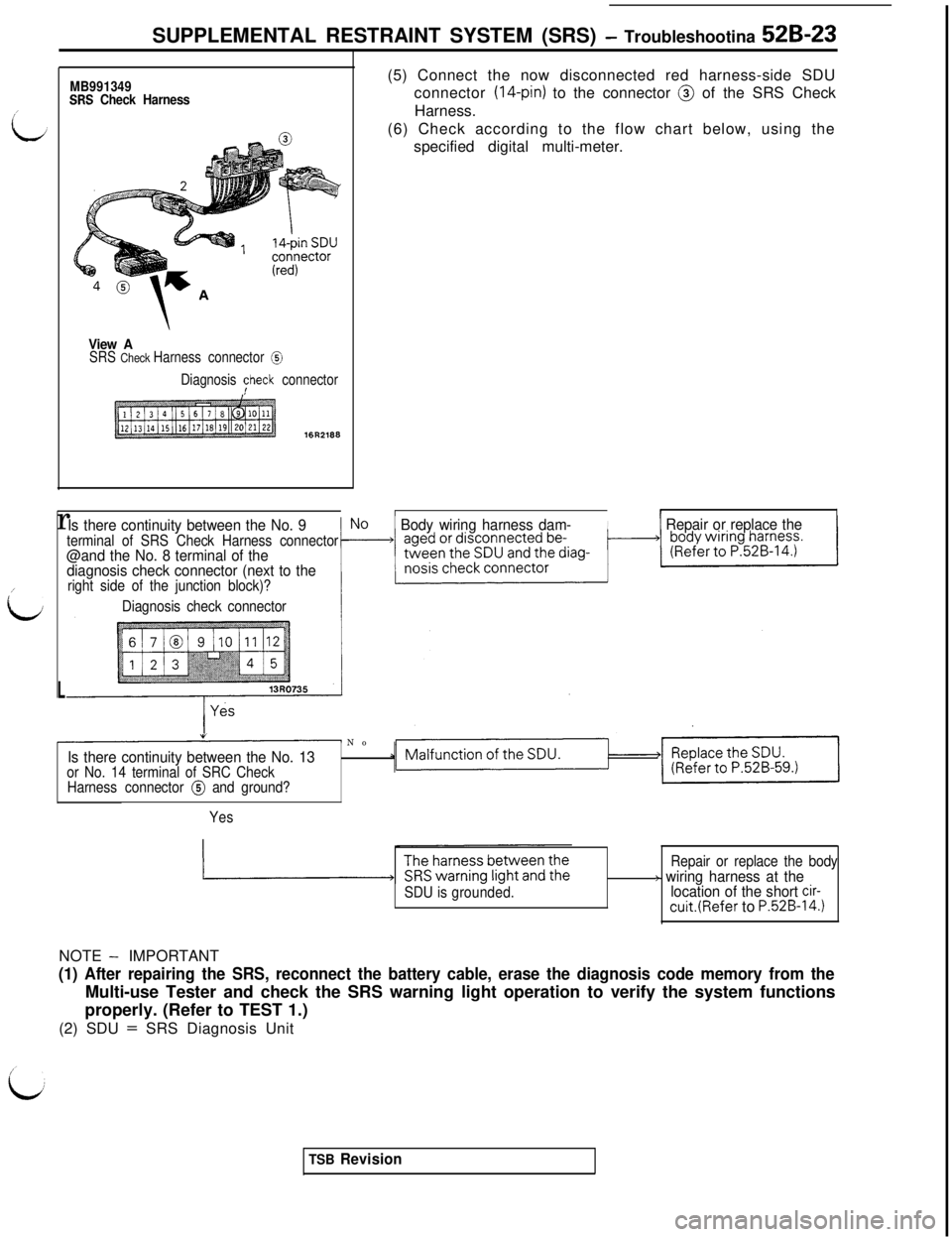 MITSUBISHI 3000GT 1991 Service Manual r
/
lliSUPPLEMENTAL RESTRAINT SYSTEM (SRS)
- Troubleshootina 52B-23
L
MB991349SRS Check Harness
View ASRS Check Harness connector @
Diagnosis Fheck connector16R2166(5) Connect the now disconnected re MITSUBISHI 3000GT 1991 Service Manual r
/
lliSUPPLEMENTAL RESTRAINT SYSTEM (SRS)
- Troubleshootina 52B-23
L
MB991349SRS Check Harness
View ASRS Check Harness connector @
Diagnosis Fheck connector16R2166(5) Connect the now disconnected re