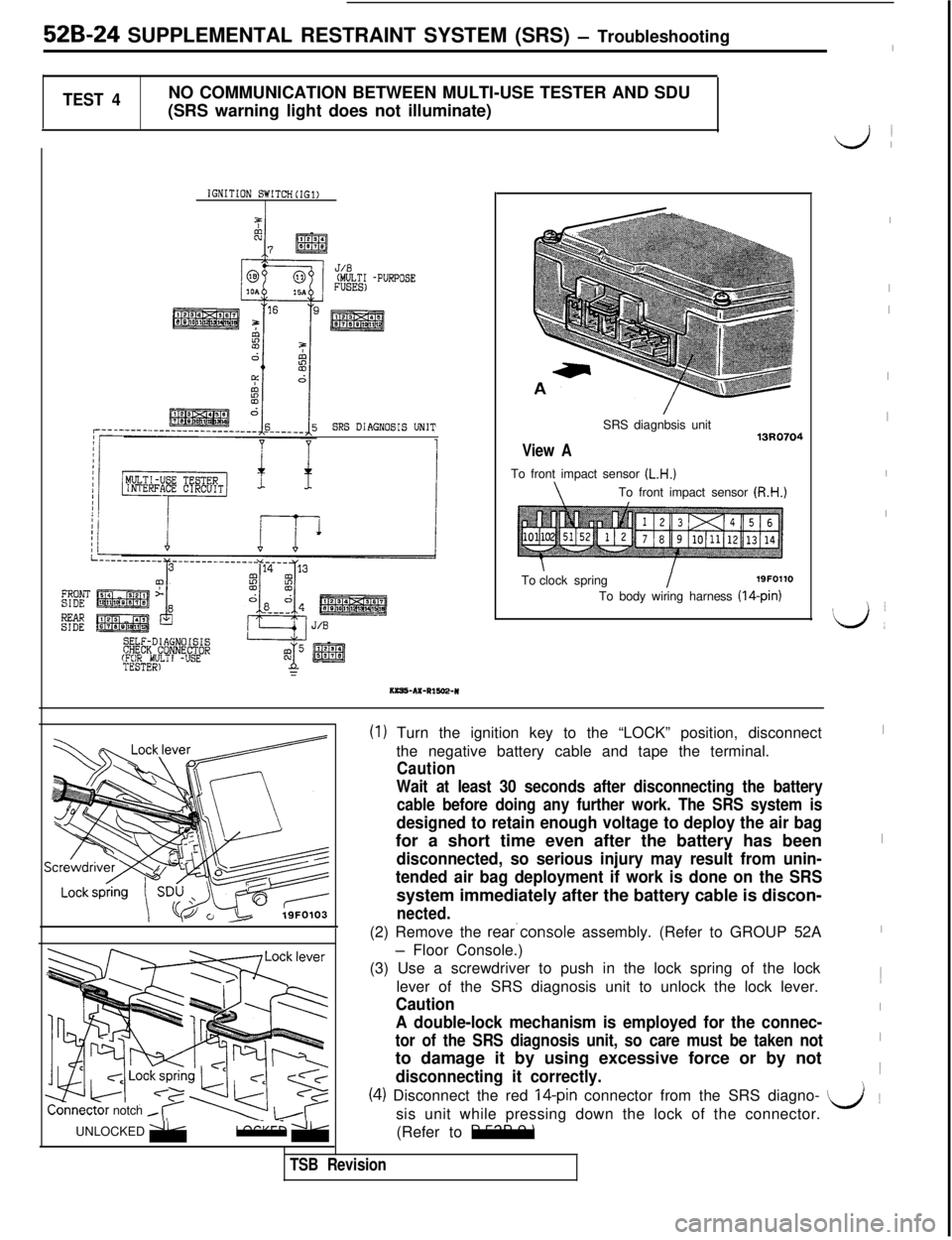 MITSUBISHI 3000GT 1991 Service Manual 52B-24 SUPPLEMENTAL RESTRAINT SYSTEM (SRS) - Troubleshooting
TEST 4NO COMMUNICATION BETWEEN MULTI-USE TESTER AND SDU
(SRS warning light does not illuminate)
IGNITION SWITCH(IG1)
J/.8(MULTI -PURPOSEFUS MITSUBISHI 3000GT 1991 Service Manual 52B-24 SUPPLEMENTAL RESTRAINT SYSTEM (SRS) - Troubleshooting
TEST 4NO COMMUNICATION BETWEEN MULTI-USE TESTER AND SDU
(SRS warning light does not illuminate)
IGNITION SWITCH(IG1)
J/.8(MULTI -PURPOSEFUS