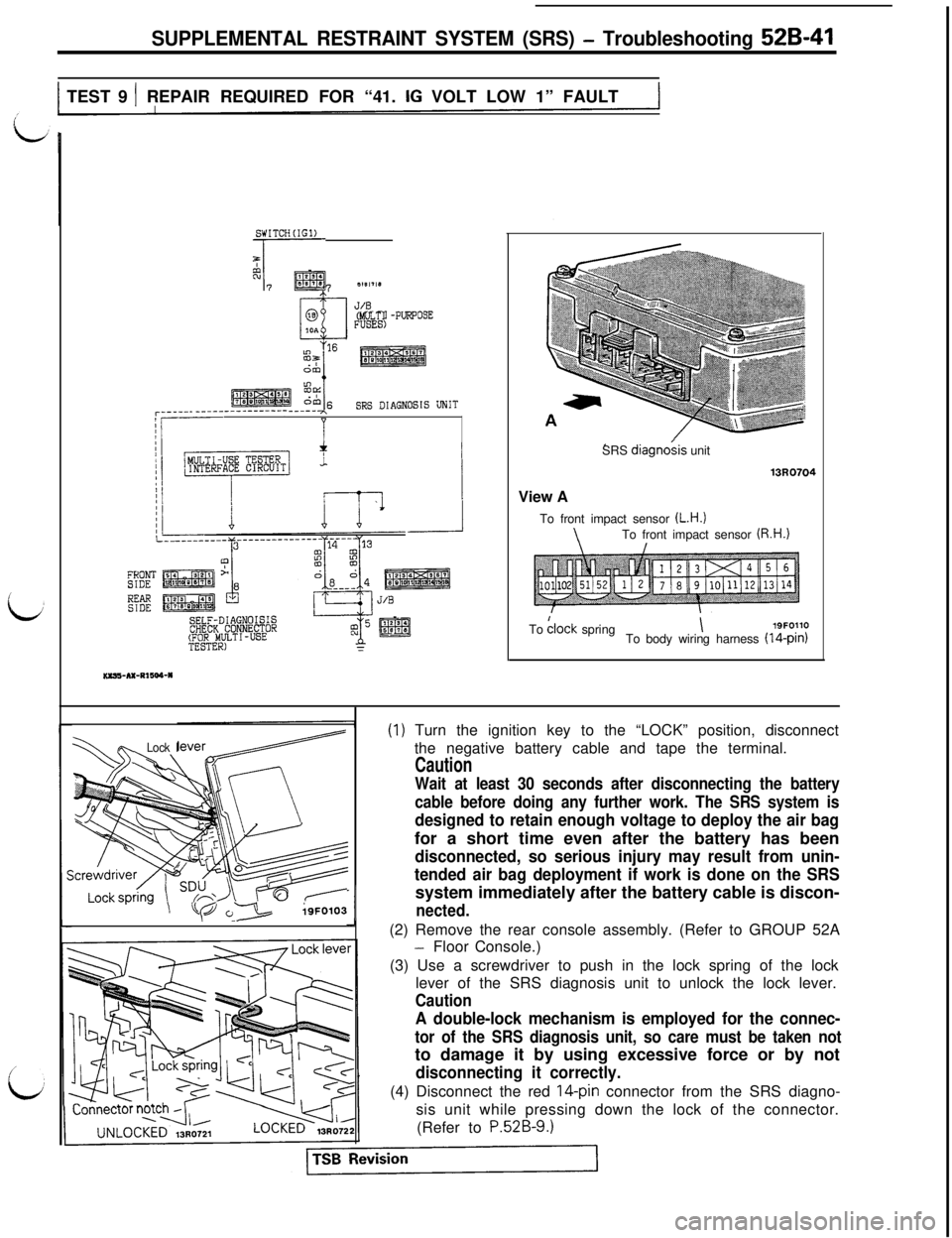 MITSUBISHI 3000GT 1991 Service Manual SUPPLEMENTAL RESTRAINT SYSTEM (SRS) - Troubleshooting 52B-41
1 TEST 9 1 REPAIR REQUIRED FOR “41. IG VOLT LOW 1” FAULT1
i
IGNITIONJTCH;
DIIll
MLLTI -PURPOSE
SRS DIAGNOSIS UNITr--------------------- MITSUBISHI 3000GT 1991 Service Manual SUPPLEMENTAL RESTRAINT SYSTEM (SRS) - Troubleshooting 52B-41
1 TEST 9 1 REPAIR REQUIRED FOR “41. IG VOLT LOW 1” FAULT1
i
IGNITIONJTCH;
DIIll
MLLTI -PURPOSE
SRS DIAGNOSIS UNITr---------------------