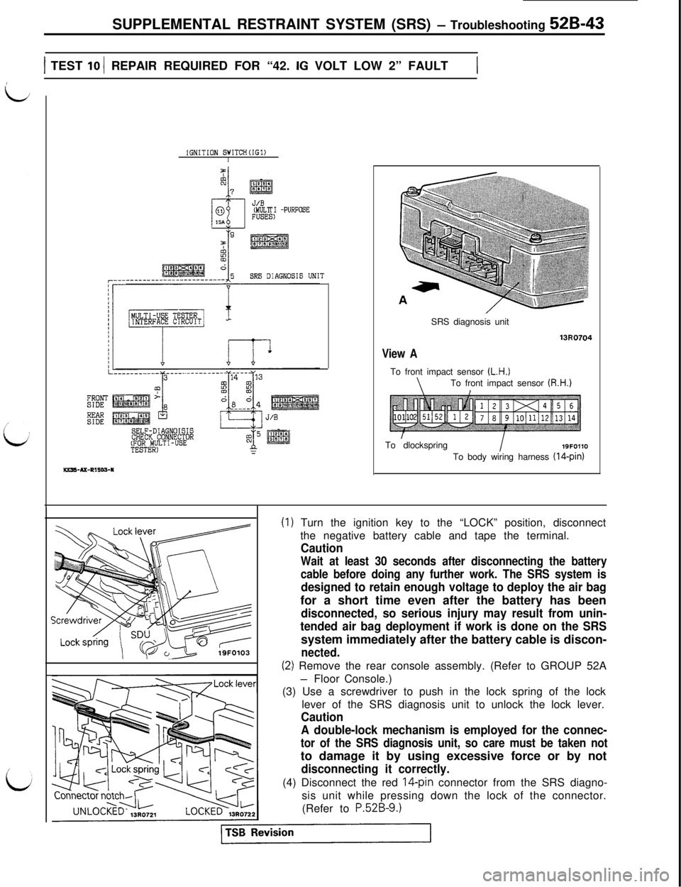 MITSUBISHI 3000GT 1991 Service Manual SUPPLEMENTAL RESTRAINT SYSTEM (SRS) - Troubleshooting 52B-43
1 TEST 10 1 REPAIR REQUIRED FOR “42. IG VOLT LOW 2” FAULT1
,
IGNITION SWITCH(IG1)I
MILT I -PURPOSE
SRS DIAGNOSIS UNIT_~_----_-__--_--_- MITSUBISHI 3000GT 1991 Service Manual SUPPLEMENTAL RESTRAINT SYSTEM (SRS) - Troubleshooting 52B-43
1 TEST 10 1 REPAIR REQUIRED FOR “42. IG VOLT LOW 2” FAULT1
,
IGNITION SWITCH(IG1)I
MILT I -PURPOSE
SRS DIAGNOSIS UNIT_~_----_-__--_--_-