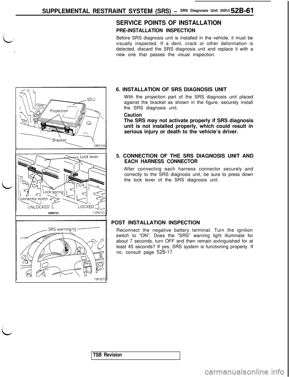 MITSUBISHI 3000GT 1991 Service Manual SUPPLEMENTAL RESTRAINT SYSTEM (SRS) -SRS Diagnosis Unit (SDU) 52B-611330721
13R072i
ht-----
SERVICE POINTS OF INSTALLATION
PRE-INSTALLATION INSPECTIONBefore SRS diagnosis unit is installed in the vehi MITSUBISHI 3000GT 1991 Service Manual SUPPLEMENTAL RESTRAINT SYSTEM (SRS) -SRS Diagnosis Unit (SDU) 52B-611330721
13R072i
ht-----
SERVICE POINTS OF INSTALLATION
PRE-INSTALLATION INSPECTIONBefore SRS diagnosis unit is installed in the vehi