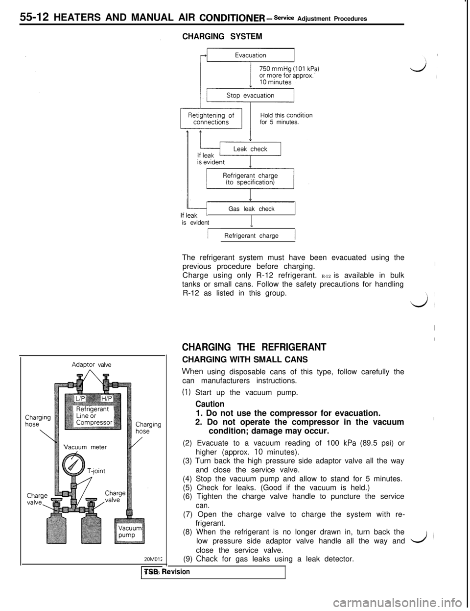 MITSUBISHI 3000GT 1991 Service Manual 55-12 HEATERS AND MANUAL AIR CONDITIONER - Service Adjustment Procedures
CHARGING SYSTEMAdaDtor valve
Vacuum meter20MOli
l-TSB IHold this conditron
for 5 minutes.
Gas leak check
is evident
1
/ Refrige MITSUBISHI 3000GT 1991 Service Manual 55-12 HEATERS AND MANUAL AIR CONDITIONER - Service Adjustment Procedures
CHARGING SYSTEMAdaDtor valve
Vacuum meter20MOli
l-TSB IHold this conditron
for 5 minutes.
Gas leak check
is evident
1
/ Refrige