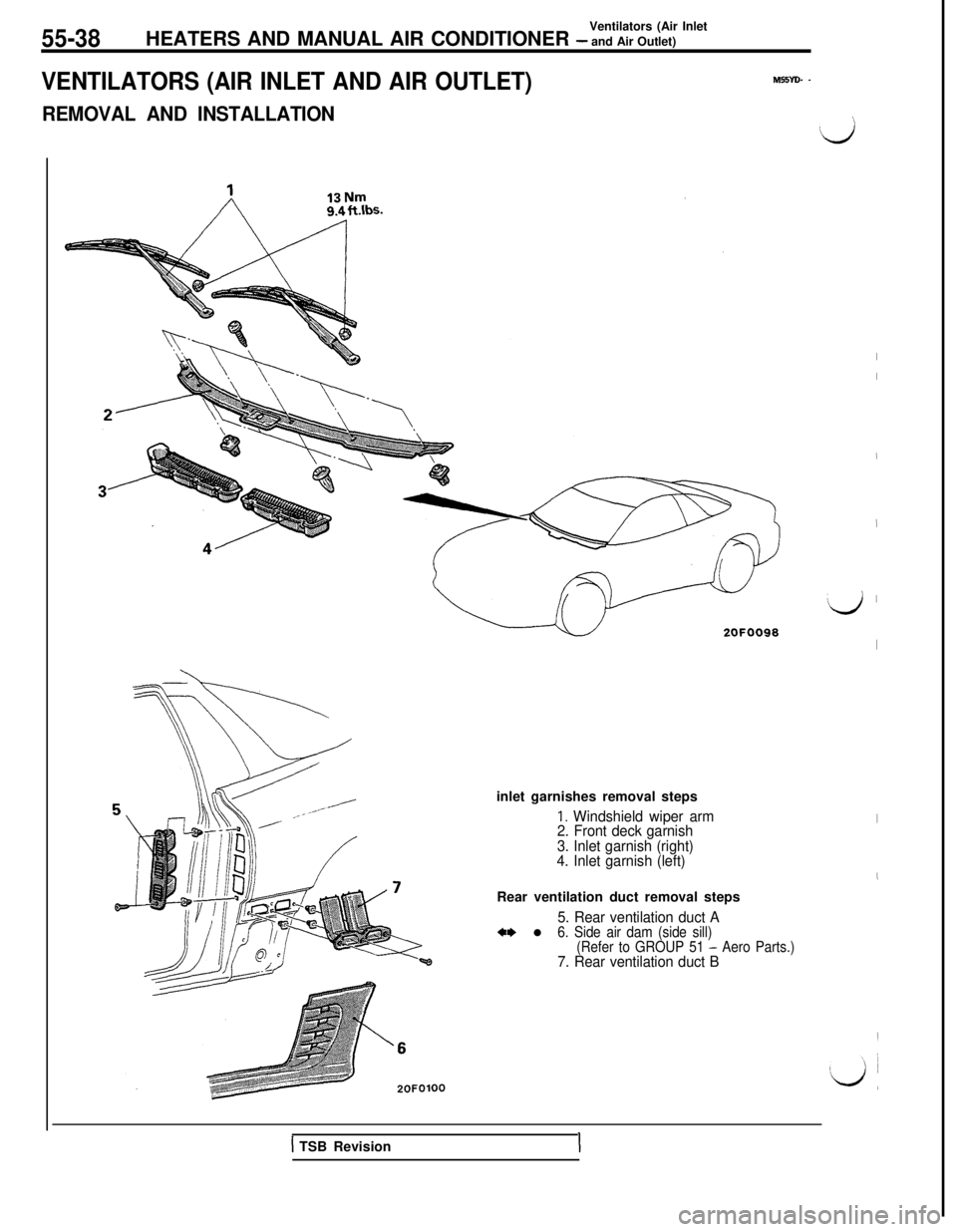 MITSUBISHI 3000GT 1991  Service Manual 55-38Ventilators (Air Inlet
HEATERS AND MANUAL AIR CONDITIONER - and Air Outlet)
VENTILATORS (AIR INLET AND AIR OUTLET)M55YD. -
REMOVAL AND INSTALLATIONinlet garnishes removal steps
1. Windshield wipe