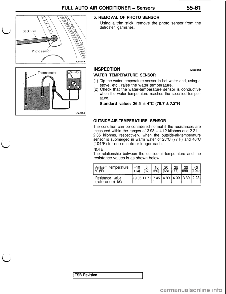 MITSUBISHI 3000GT 1991 Service Manual FULL AUTO AIR CONDITIONER - Sensors55-615. REMOVAL OF PHOTO SENSOR
Using a trim stick, remove the photo sensor from the
defroster garnishes.
Thermometer
2OAO19:
c
3
INSPECTIONM55OcALl
WATER TEMPERATUR MITSUBISHI 3000GT 1991 Service Manual FULL AUTO AIR CONDITIONER - Sensors55-615. REMOVAL OF PHOTO SENSOR
Using a trim stick, remove the photo sensor from the
defroster garnishes.
Thermometer
2OAO19:
c
3
INSPECTIONM55OcALl
WATER TEMPERATUR
