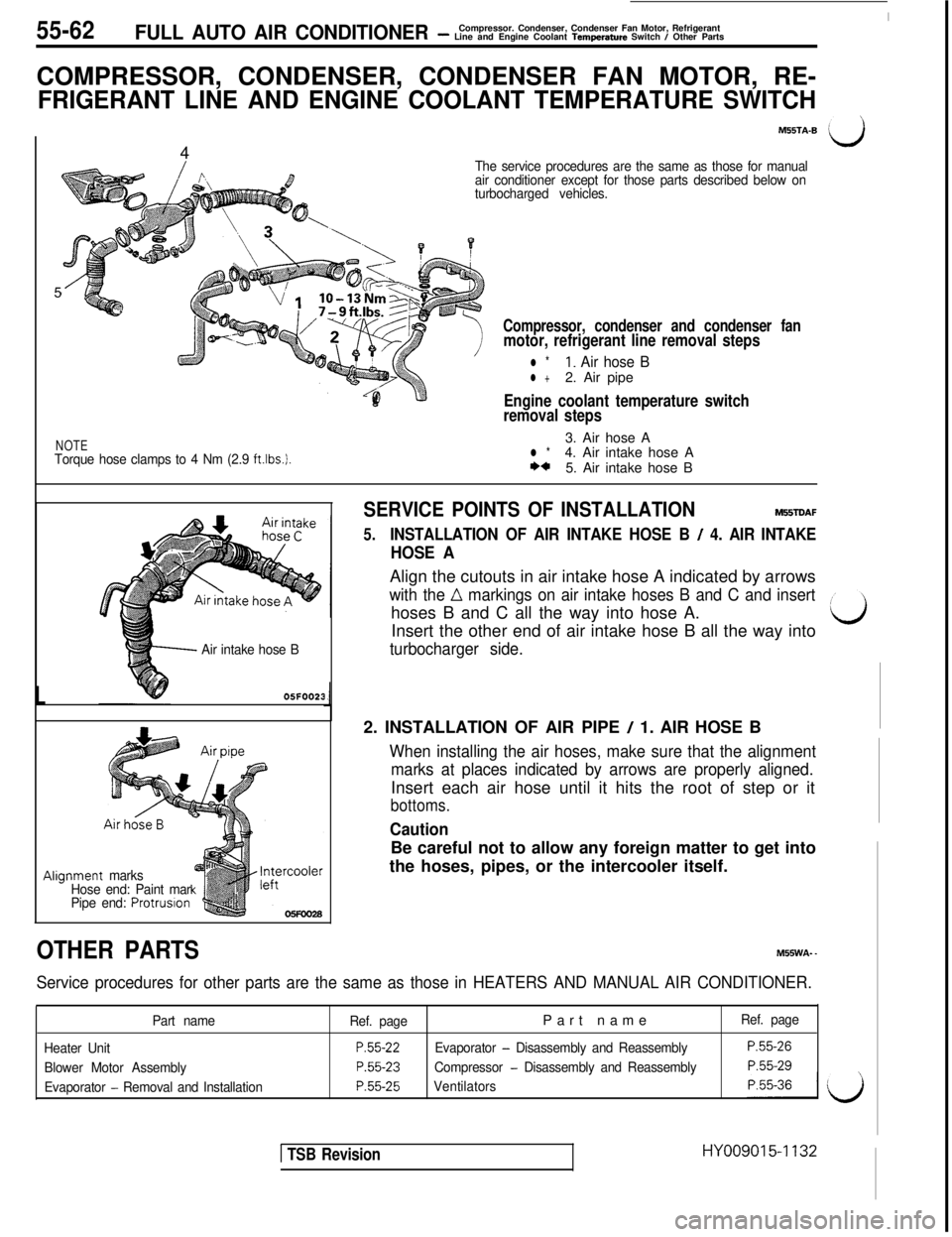 MITSUBISHI 3000GT 1991 Service Manual 55-62FULL AUTO AIR CONDITIONER
ICompressor. Condenser, Condenser Fan Motor, Refrigerant
- Line and Engine Coolant Temperature Switch / Other Parts
COMPRESSOR, CONDENSER, CONDENSER FAN MOTOR, RE-
FRIGE MITSUBISHI 3000GT 1991 Service Manual 55-62FULL AUTO AIR CONDITIONER
ICompressor. Condenser, Condenser Fan Motor, Refrigerant
- Line and Engine Coolant Temperature Switch / Other Parts
COMPRESSOR, CONDENSER, CONDENSER FAN MOTOR, RE-
FRIGE