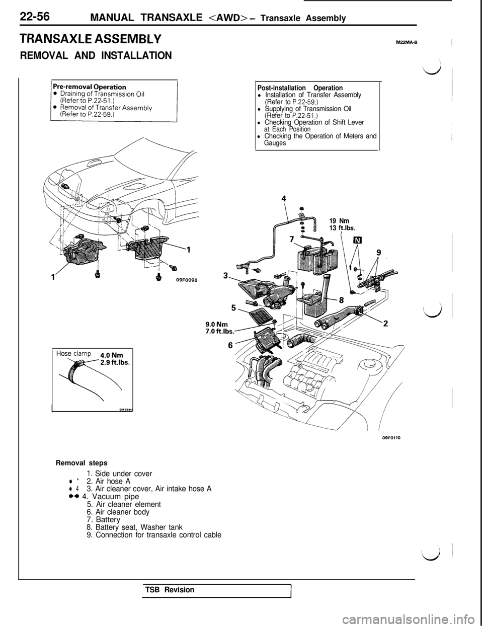 MITSUBISHI 3000GT 1991  Service Manual 22-56
MANUAL TRANSAXLE <AWD> - Transaxle Assembly
TRANSAXLE ASSEMBLY
REMOVAL AND INSTALLATION
Hose clamp4.0 Nm
Removal steps
Post-installation Operationl Installation of Transfer Assembly
(Refer to P.