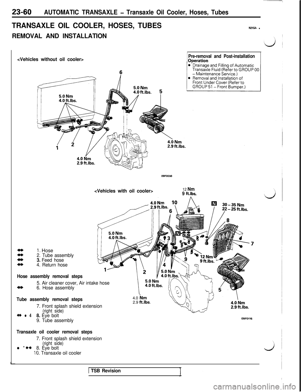 MITSUBISHI 3000GT 1991  Service Manual 23-60AUTOMATIC TRANSAXLE - Transaxle Oil Cooler, Hoses, Tubes
TRANSAXLE OIL COOLER, HOSES, TUBESNZlSA- .
REMOVAL AND INSTALLATION
<Vehicles without oil cooler>Pre-removal and Post-installationOoeratio