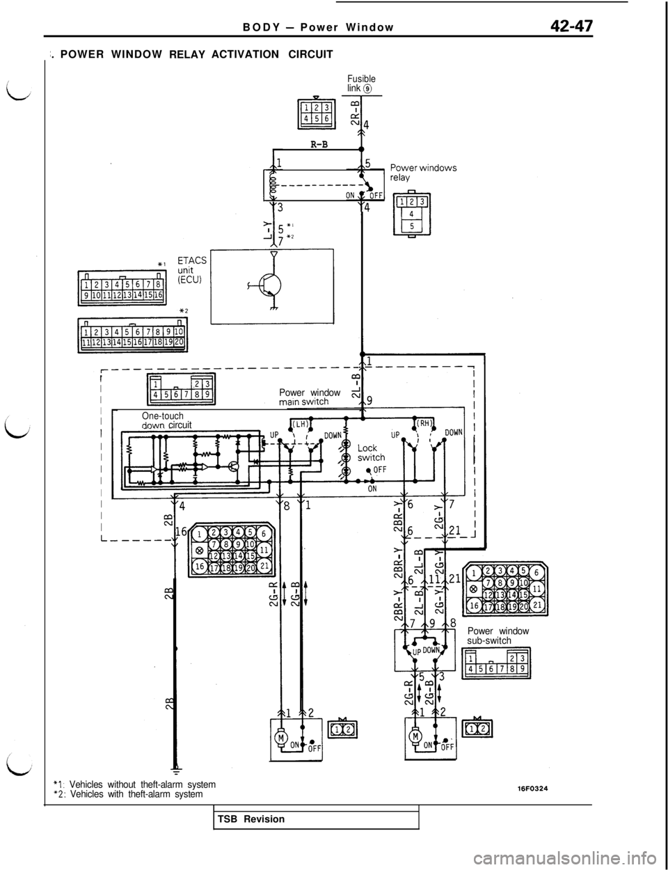 MITSUBISHI 3000GT 1991  Service Manual BODY - Power Window
;. POWERWINDOW
RELAYACTIVATION CIRCUIT
Fusiblelink @
R-B0
&5
____-------
y3"4
I
I
I
II
I
II
I
I
I
I
I
I
----------_-__---
Power window
One-touchdnwn circuit
L-
*I : Vehicles withou