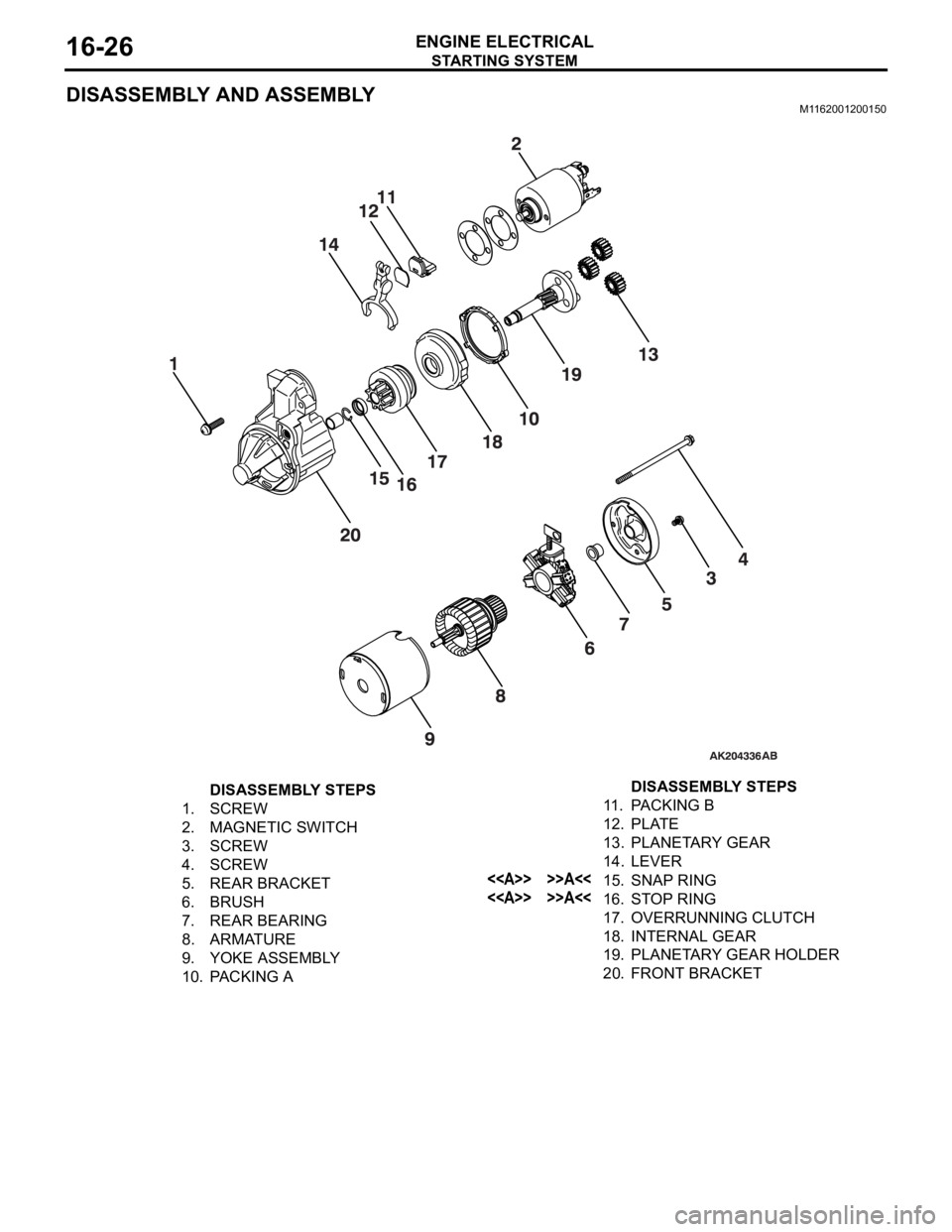 MITSUBISHI 380 2005  Workshop Manual STARTING SYSTEM
ENGINE ELECTRICAL16-26
DISASSEMBLY AND ASSEMBLYM1162001200150
DISASSEMBLY STEPS
1. SCREW
2. MAGNETIC SWITCH
3. SCREW
4. SCREW
5. REAR BRACKET
6. BRUSH
7. REAR BEARING
8. ARMATURE
9. YO
