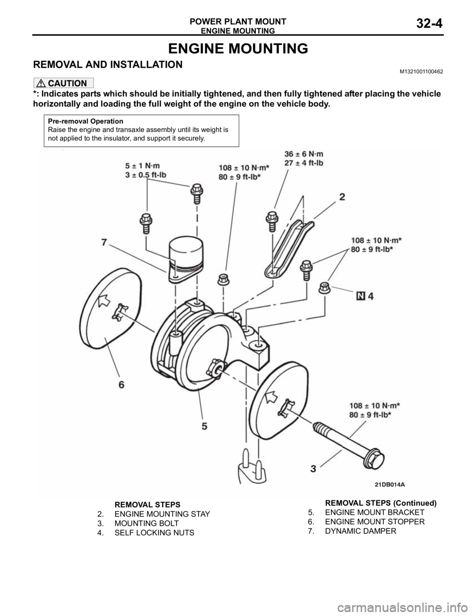 MITSUBISHI 380 2005  Workshop Manual ENGINE MOUNTING
POWER PLANT MOUNT32-4
ENGINE MOUNTING
REMOVAL AND INSTALLATIONM1321001100462
*: Indicates parts which should be initially tightened, and then fully tightened after placing the vehicle 