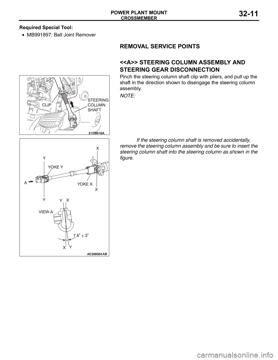 MITSUBISHI 380 2005  Workshop Manual CROSSMEMBER
POWER PLANT MOUNT32-11
Required Special Tool:
MB991897: Ball Joint Remover
REMOVAL SERVICE POINTS
.
<<A>> STEERING COLUMN ASSEMBLY AND 
STEERING GEAR DISCONNECTION
Pinch the steering colum