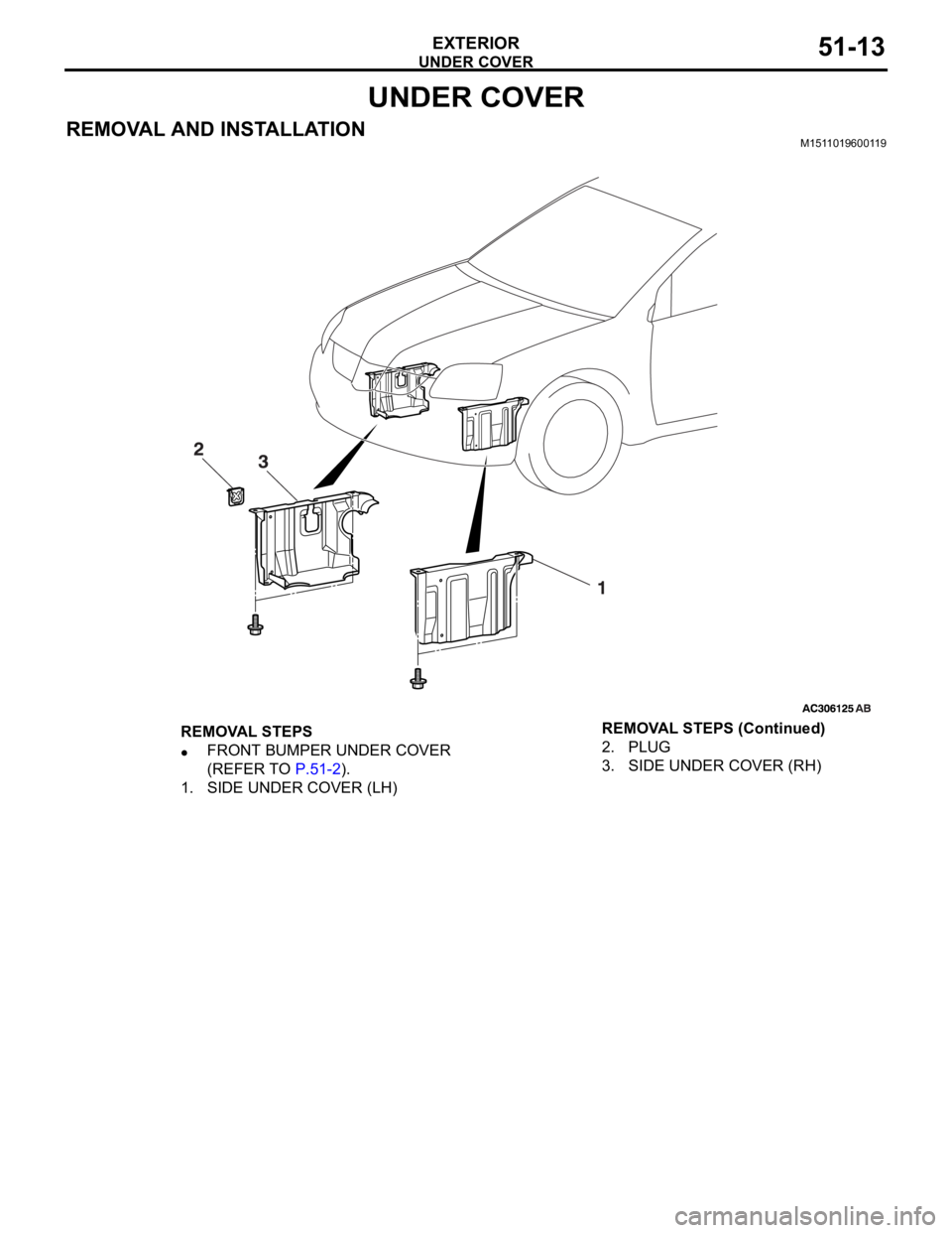 MITSUBISHI 380 2005  Workshop Manual UNDER COVER
EXTERIOR51-13
UNDER COVER
REMOVAL AND INSTALLATIONM1511019600119
REMOVAL STEPS
FRONT BUMPER UNDER COVER 
(REFER TO P.51-2).
1. SIDE UNDER COVER (LH)2. PLUG
3. SIDE UNDER COVER (RH) REMOVAL