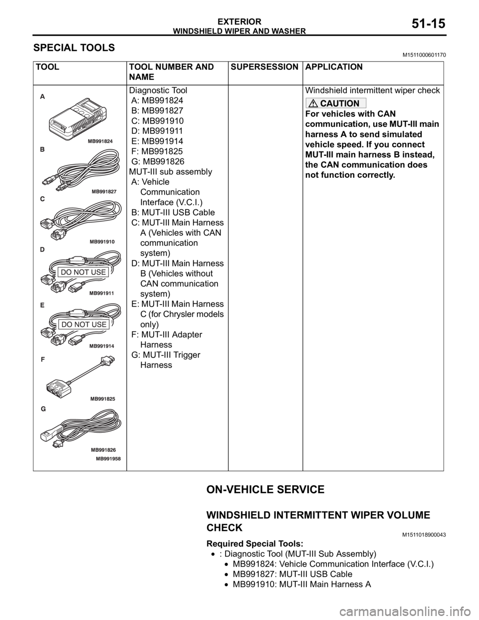 MITSUBISHI 380 2005 Workshop Manual WINDSHIELD WIPER AND WASHER
EXTERIOR51-15
SPECIAL TOOLSM1511000601170
ON-VEHICLE SERVICE
WINDSHIELD INTERMITTENT WIPER VOLUME
CHECK
M1511018900043
Required Special Tools:
: Diagnostic Tool (MUT-III S MITSUBISHI 380 2005 Workshop Manual WINDSHIELD WIPER AND WASHER
EXTERIOR51-15
SPECIAL TOOLSM1511000601170
ON-VEHICLE SERVICE
WINDSHIELD INTERMITTENT WIPER VOLUME
CHECK
M1511018900043
Required Special Tools:
: Diagnostic Tool (MUT-III S
