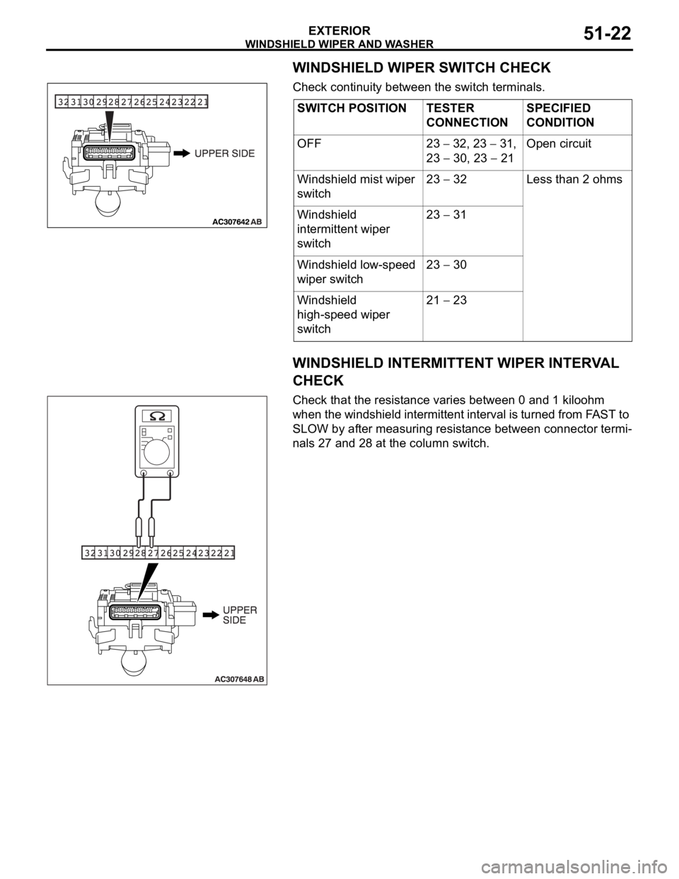 MITSUBISHI 380 2005  Workshop Manual WINDSHIELD WIPER AND WASHER
EXTERIOR51-22
WINDSHIELD WIPER SWITCH CHECK
Check continuity between the switch terminals.
WINDSHIELD INTERMITTENT WIPER INTERVAL 
CHECK
Check that the resistance varies be
