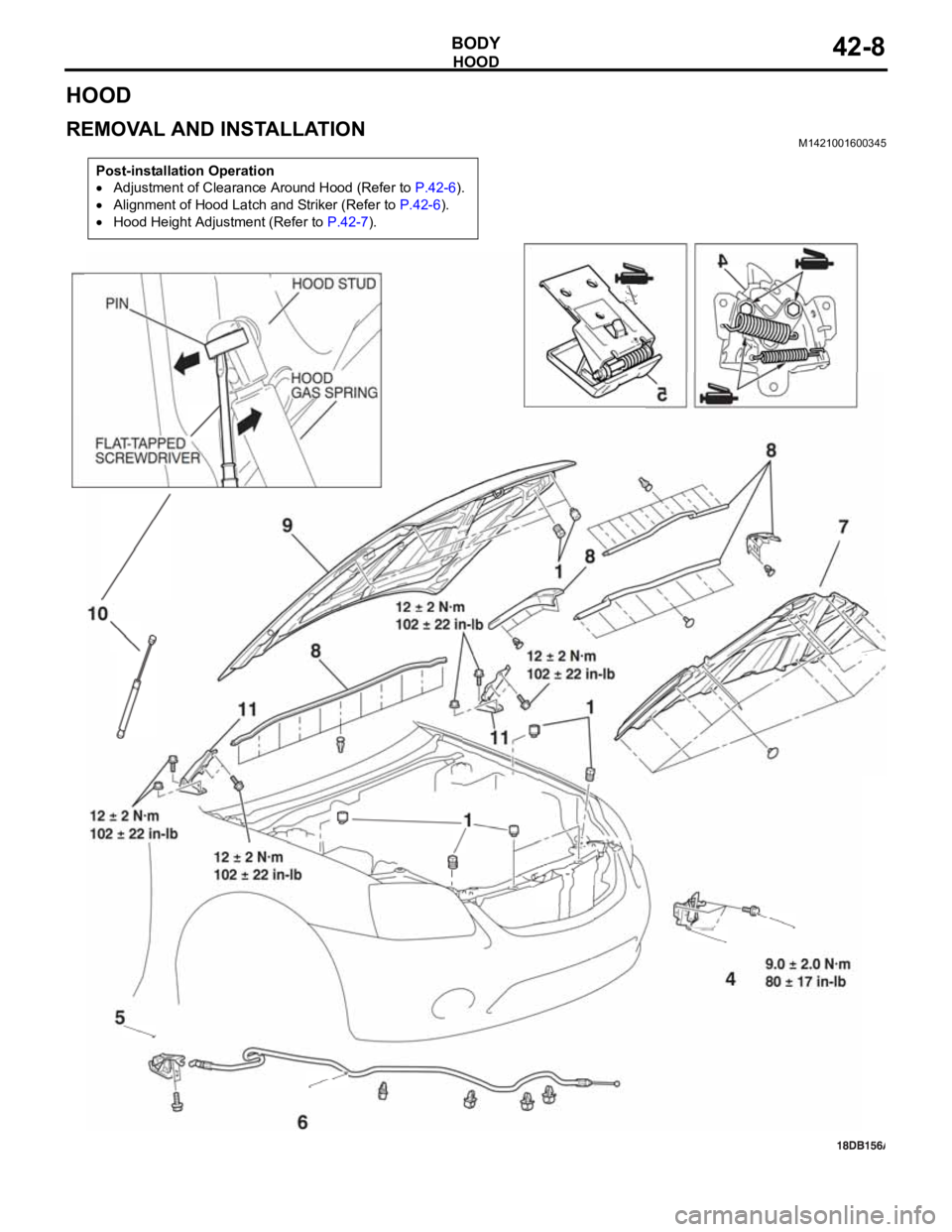MITSUBISHI 380 2005  Workshop Manual HOOD
BODY42-8
HOOD
REMOVAL AND INSTALLATIONM1421001600345
Post-installation Operation
Adjustment of Clearance Around Hood (Refer to P.42-6).
Alignment of Hood Latch and Striker (Refer to P.42-6).
Hood