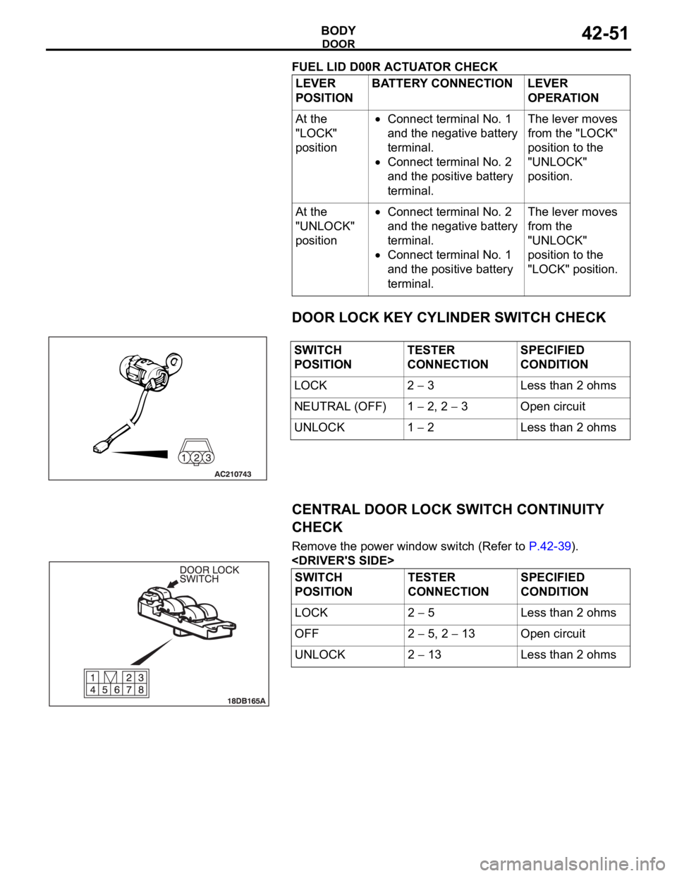 MITSUBISHI 380 2005  Workshop Manual DOOR
BODY42-51
FUEL LID D00R ACTUATOR CHECK
DOOR LOCK KEY CYLINDER SWITCH CHECK
CENTRAL DOOR LOCK SWITCH CONTINUITY 
CHECK
Remove the power window switch (Refer to P.42-39).
<DRIVER'S SIDE>LEVER 
