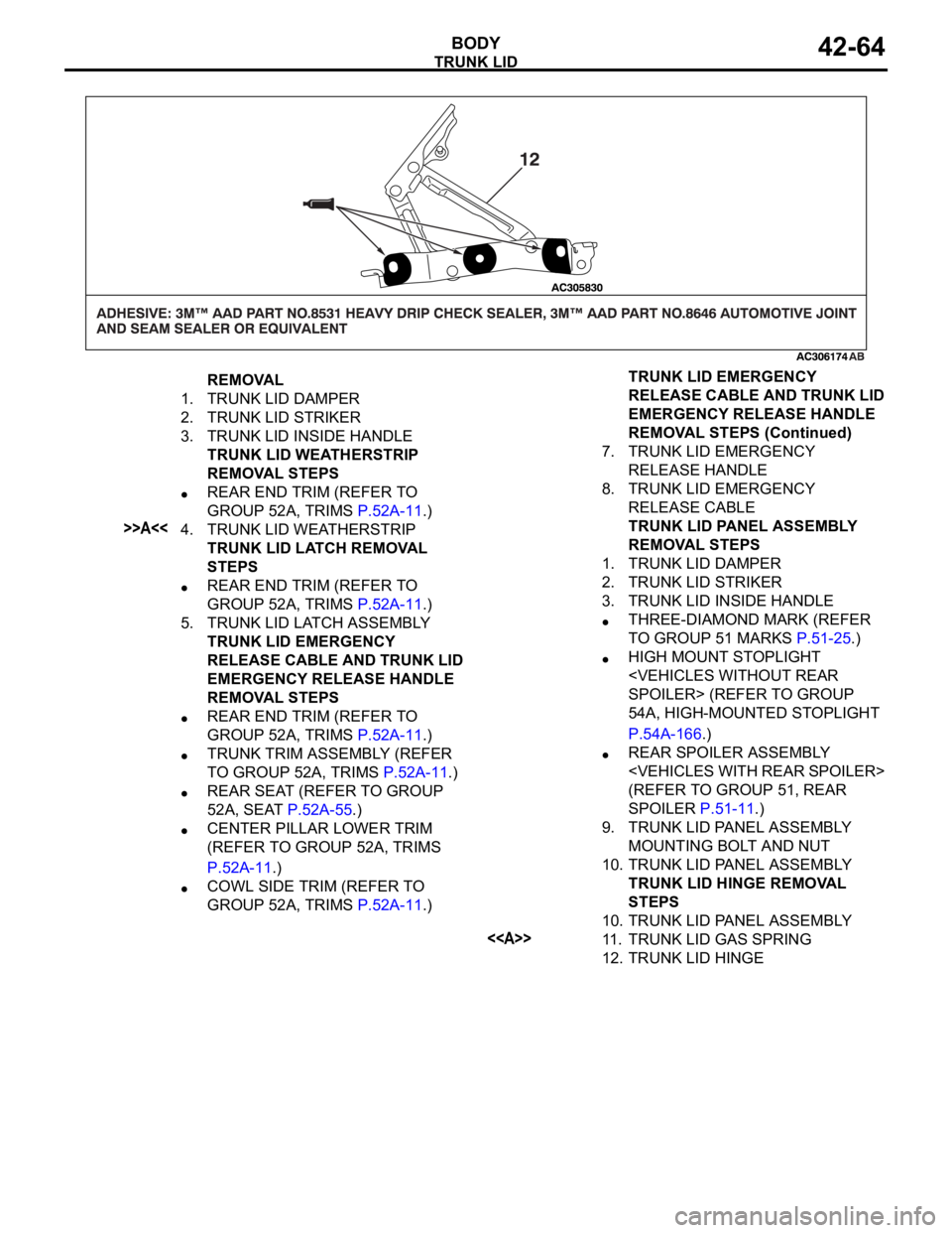 MITSUBISHI 380 2005  Workshop Manual TRUNK LID
BODY42-64
REMOVAL
1. TRUNK LID DAMPER
2. TRUNK LID STRIKER
3. TRUNK LID INSIDE HANDLE
TRUNK LID WEATHERSTRIP 
REMOVAL STEPS
REAR END TRIM (REFER TO 
GROUP 52A, TRIMS P.52A-11.)
>>A<<4. TRUNK