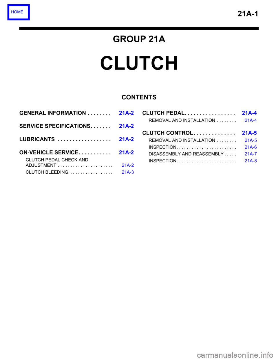 MITSUBISHI 380 2005  Workshop Manual 21A-1
GROUP 21A
CLUTCH
CONTENTS
GENERAL INFORMATION . . . . . . . .21A-2
SERVICE SPECIFICATIONS . . . . . . .21A-2
LUBRICANTS  . . . . . . . . . . . . . . . . . .21A-2
ON-VEHICLE SERVICE . . . . . . .