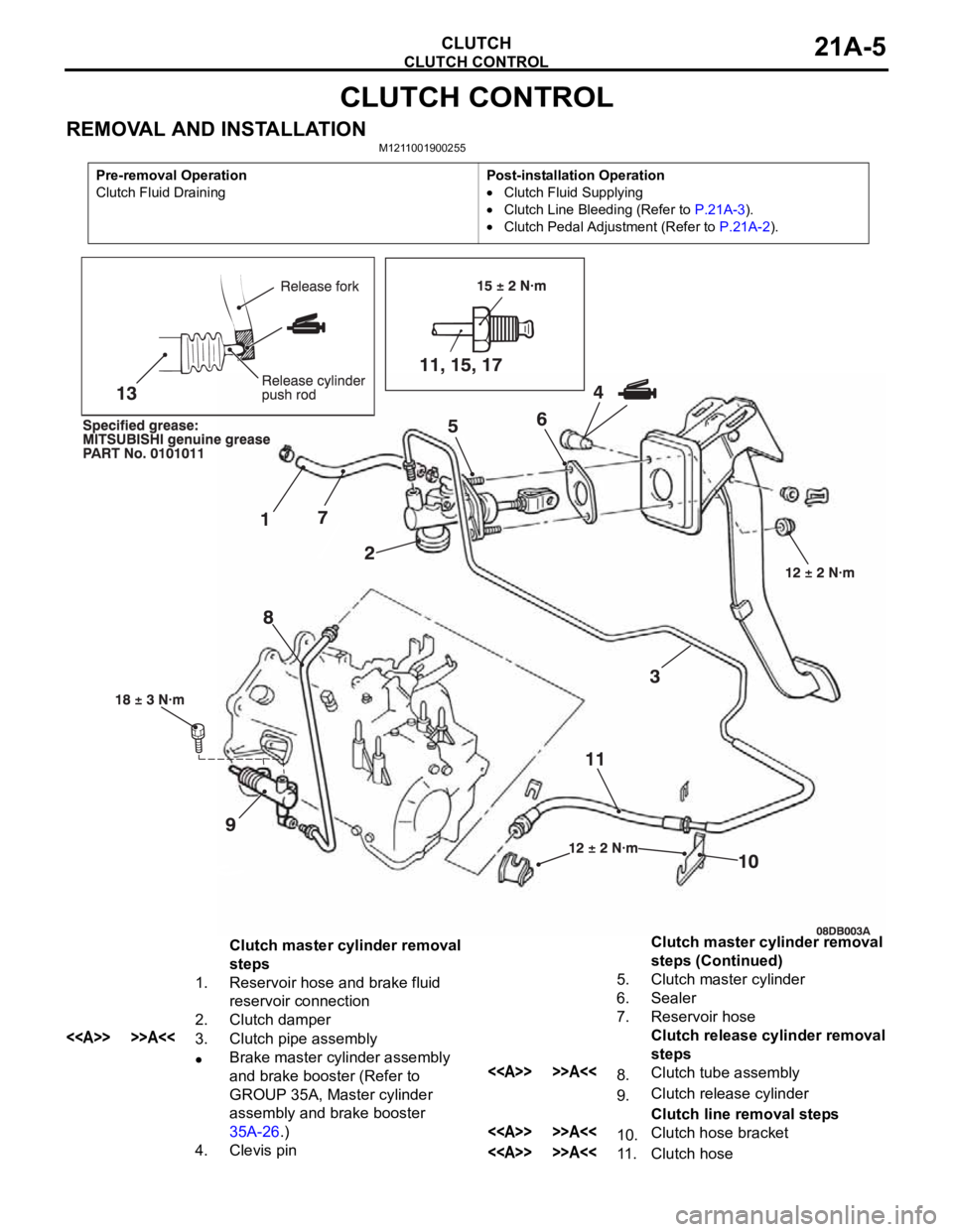 MITSUBISHI 380 2005  Workshop Manual CLUTCH CONTROL
CLUTCH21A-5
CLUTCH CONTROL
REMOVAL AND INSTALLATIONM1211001900255
Pre-removal Operation
Clutch Fluid DrainingPost-installation Operation
Clutch Fluid Supplying
Clutch Line Bleeding (Ref