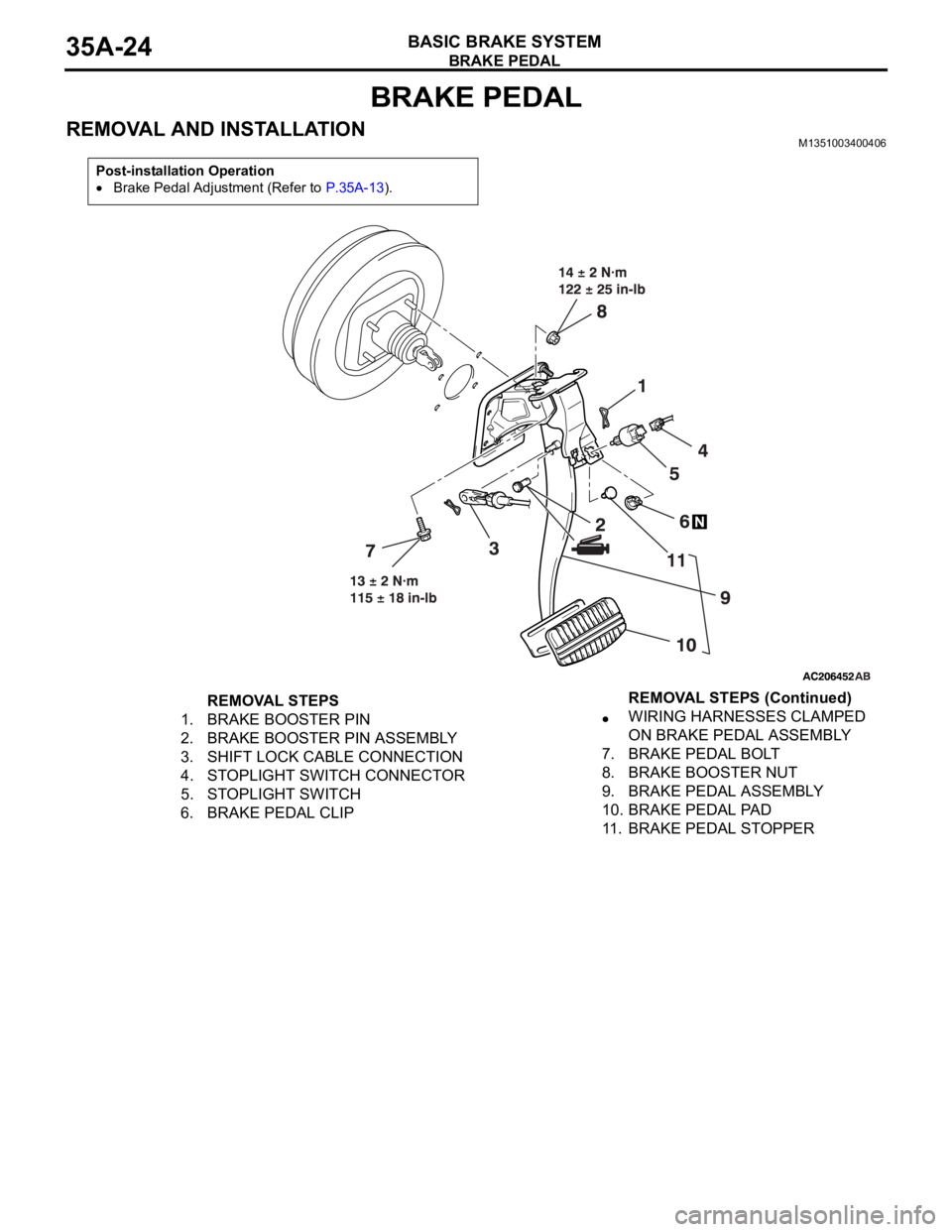 MITSUBISHI 380 2005  Workshop Manual BRAKE PEDAL
BASIC BRAKE SYSTEM35A-24
BRAKE PEDAL
REMOVAL AND INSTALLATIONM1351003400406
Post-installation Operation
Brake Pedal Adjustment (Refer to P.35A-13).
REMOVAL STEPS
1. BRAKE BOOSTER PIN
2. BR