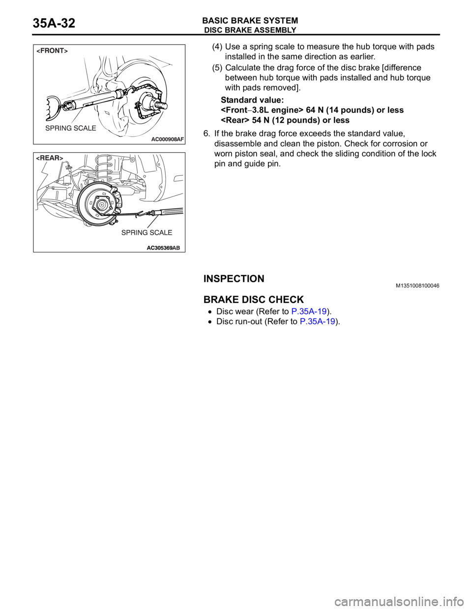 MITSUBISHI 380 2005  Workshop Manual DISC BRAKE ASSEMBLY
BASIC BRAKE SYSTEM35A-32
(4) Use a spring scale to measure the hub torque with pads 
installed in the same direction as earlier.
(5) Calculate the drag force of the disc brake [dif