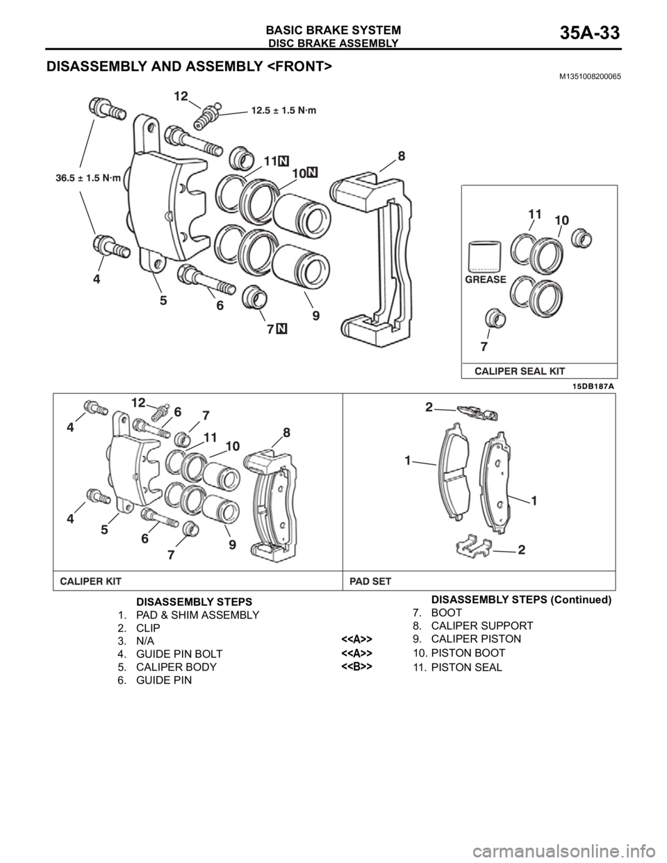 MITSUBISHI 380 2005  Workshop Manual DISC BRAKE ASSEMBLY
BASIC BRAKE SYSTEM35A-33
DISASSEMBLY AND ASSEMBLY <FRONT>M1351008200065
DISASSEMBLY STEPS
1. PAD & SHIM ASSEMBLY
2. CLIP
3. N/A
4. GUIDE PIN BOLT
5. CALIPER BODY
6. GUIDE PIN7. BOO