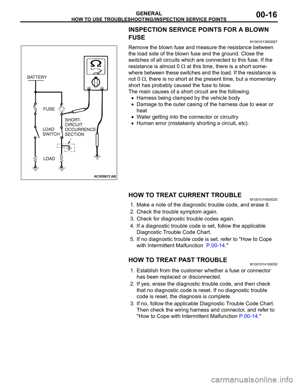 MITSUBISHI 380 2005  Workshop Manual HOW TO USE TROUBLESHOOTING/INSPECTION SERVICE POINTS
GENERAL00-16
INSPECTION SERVICE POINTS FOR A BLOWN 
FUSE
M1001013800067
Remove the blown fuse and measure the resistance between 
the load side of 