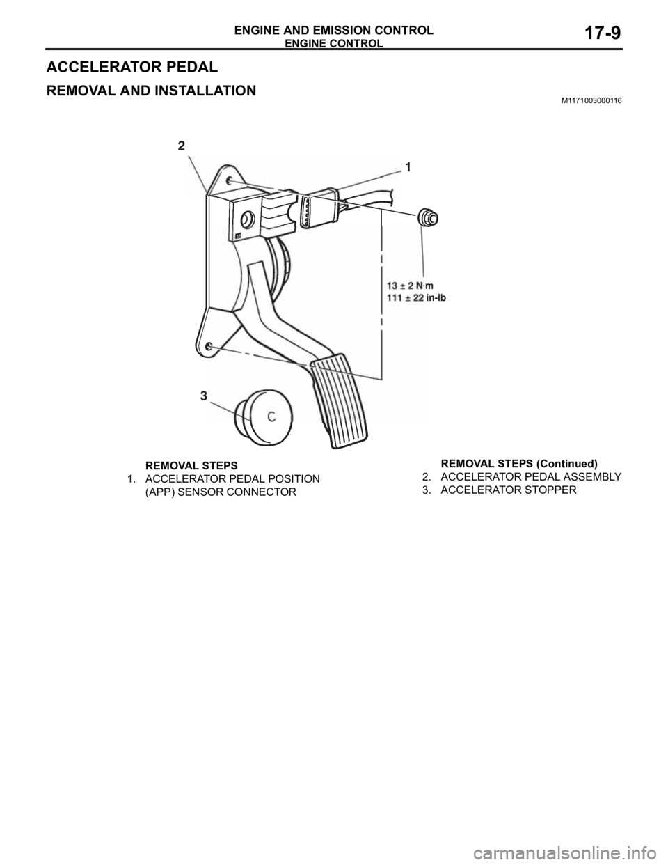 MITSUBISHI 380 2005  Workshop Manual ENGINE CONTROL
ENGINE AND EMISSION CONTROL17-9
ACCELERATOR PEDAL
REMOVAL AND INSTALLATIONM1171003000116
REMOVAL STEPS
1. ACCELERATOR PEDAL POSITION 
(APP) SENSOR CONNECTOR2. ACCELERATOR PEDAL ASSEMBLY