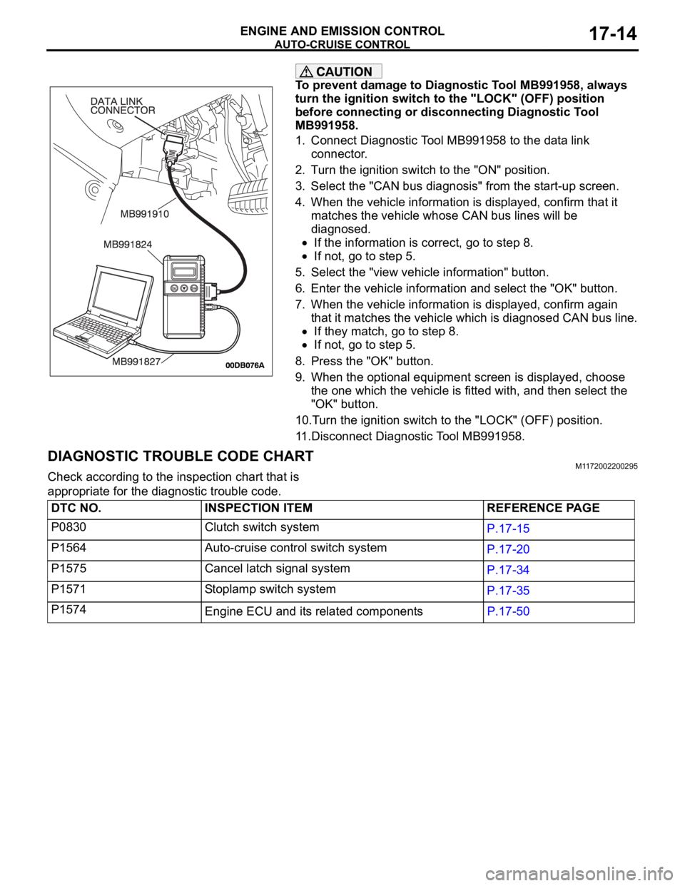 MITSUBISHI 380 2005  Workshop Manual AUTO-CRUISE CONTROL
ENGINE AND EMISSION CONTROL17-14
To prevent damage to Diagnostic Tool MB991958, always 
turn the ignition switch to the "LOCK" (OFF) position 
before connecting or disconne