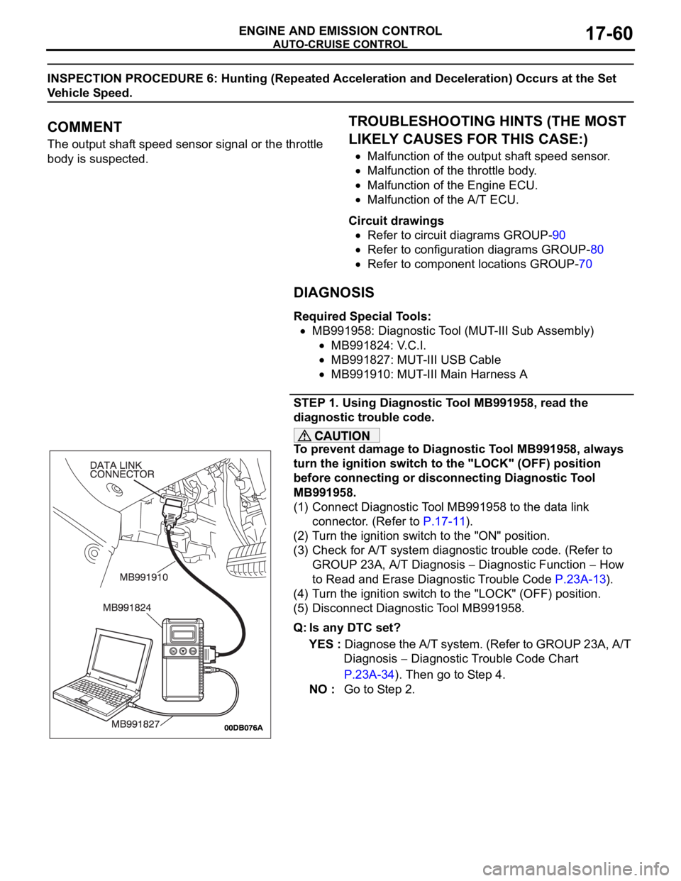 MITSUBISHI 380 2005  Workshop Manual AUTO-CRUISE CONTROL
ENGINE AND EMISSION CONTROL17-60
INSPECTION PROCEDURE 6: Hunting (Repeated Acceleration and Deceleration) Occurs at the Set 
Vehicle Speed.
.
COMMENT
The output shaft speed sensor 